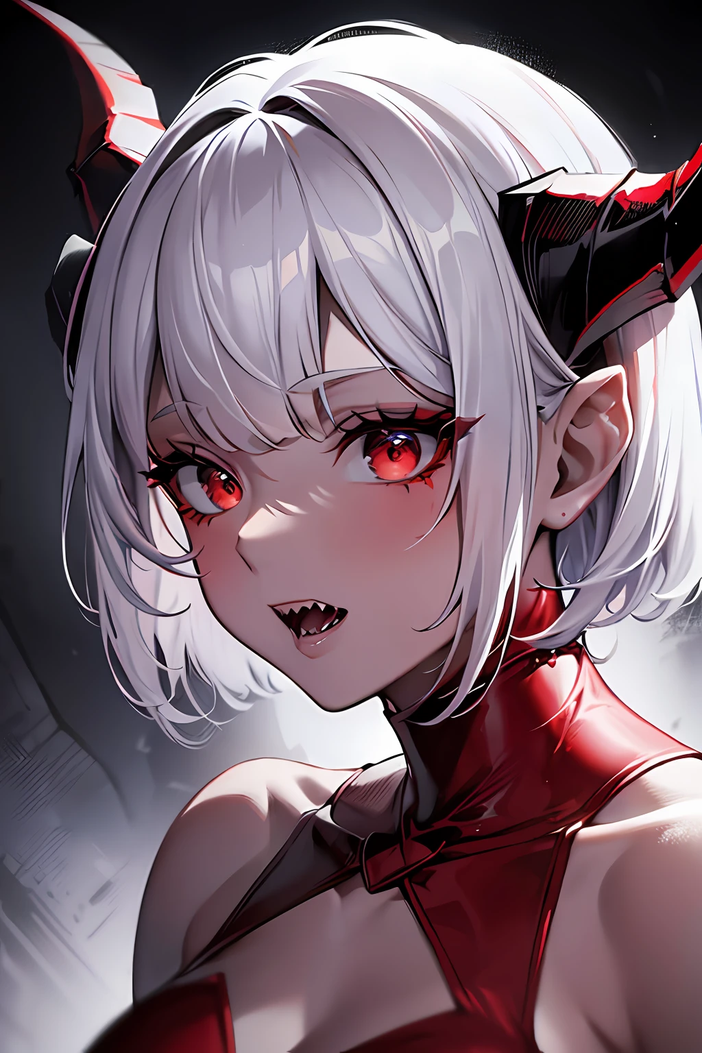 portrait, alien horror movie, upper body, ((ultra detailed, cinematic, hyper detailed, hyper resolution, official art, 40k wallpaper, mind-blowing art)), (skull girl), himecut, bobcut, white hair, wide skull, beautiful, seductive, no eyes, (exposed teeth, sharp teeth), terror, flesh, (fallen horns, long horns), (((alien))), female, destruction, discarded skin, cracked skin, (((red dress)), seductive body, medium breast,