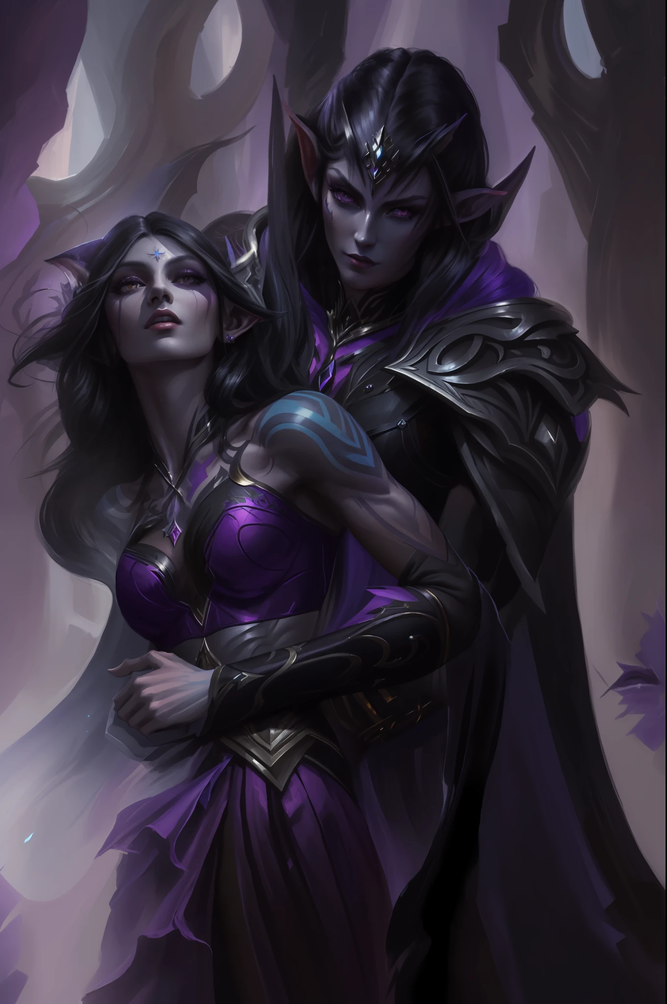 (((Masterpiece))), (((Best Quality: 1.4))), ((Super Detail: 1.4)) , hyper detailed gouache painting of dark elves couple, a woman and a man, long black hair, hyper detailed face features, detailed textures, light purple skin tone, tattoos