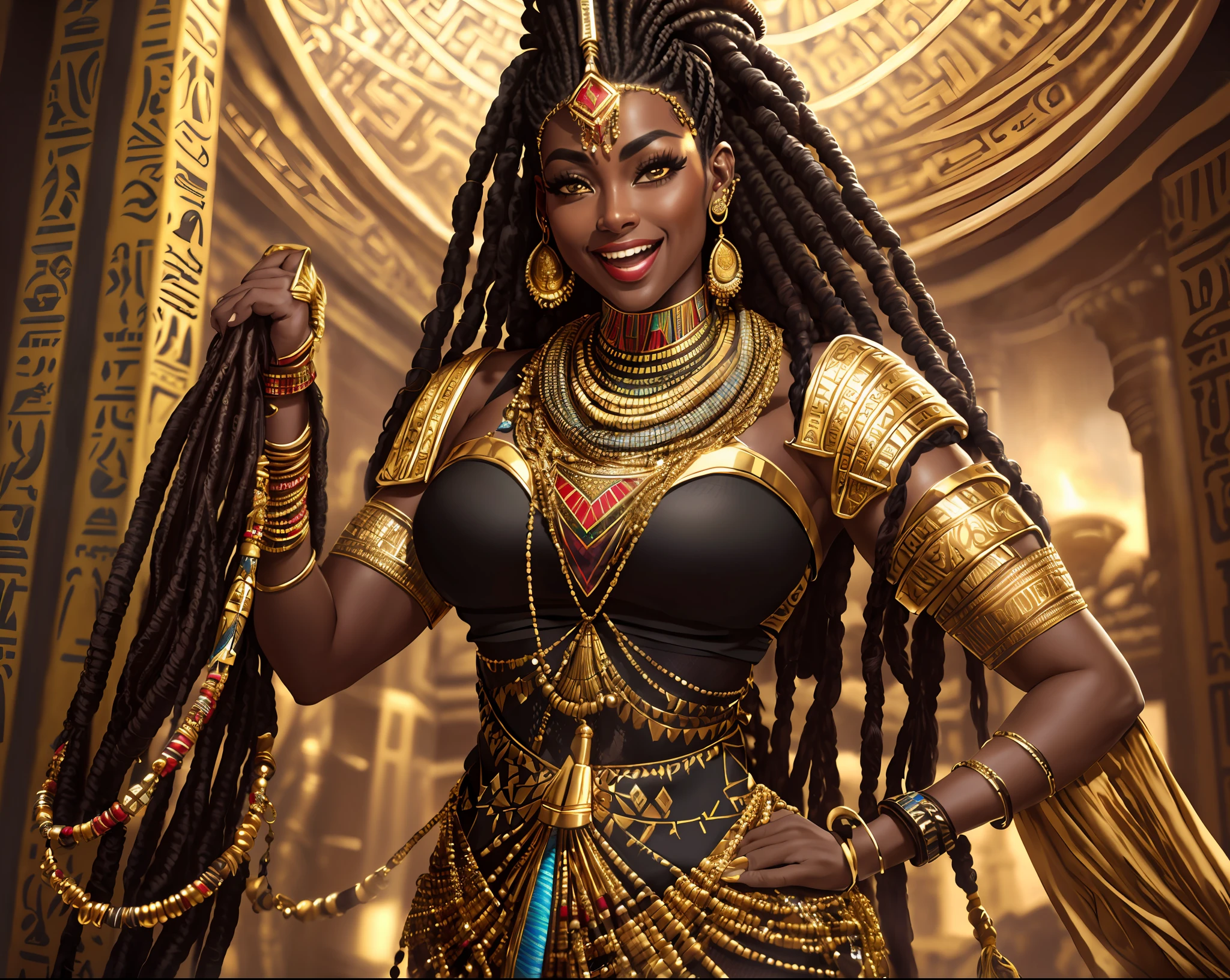 (Epic movie (palace) scene), ((Egyptian Gold)), Hyperealistic detailed photography, michaelangelo, artgerm and rutkowski, mcfarlane, jim lee, (((nubian))), (((dark skin))), ((thicc)), (((long woven dreadlocks))), (((laughing))), hyperfuturistic clothing, (gold, ankara style), masterpiece, (((mesh))), unique style, fashion sense, striking outfit, (((accessories))), bracelet, chain necklace, choker, earrings, every detail expertly rendered, texture and fabric accurately depicted, rendered in a highly detailed and photorealistic style Masterpiece, detailed background,