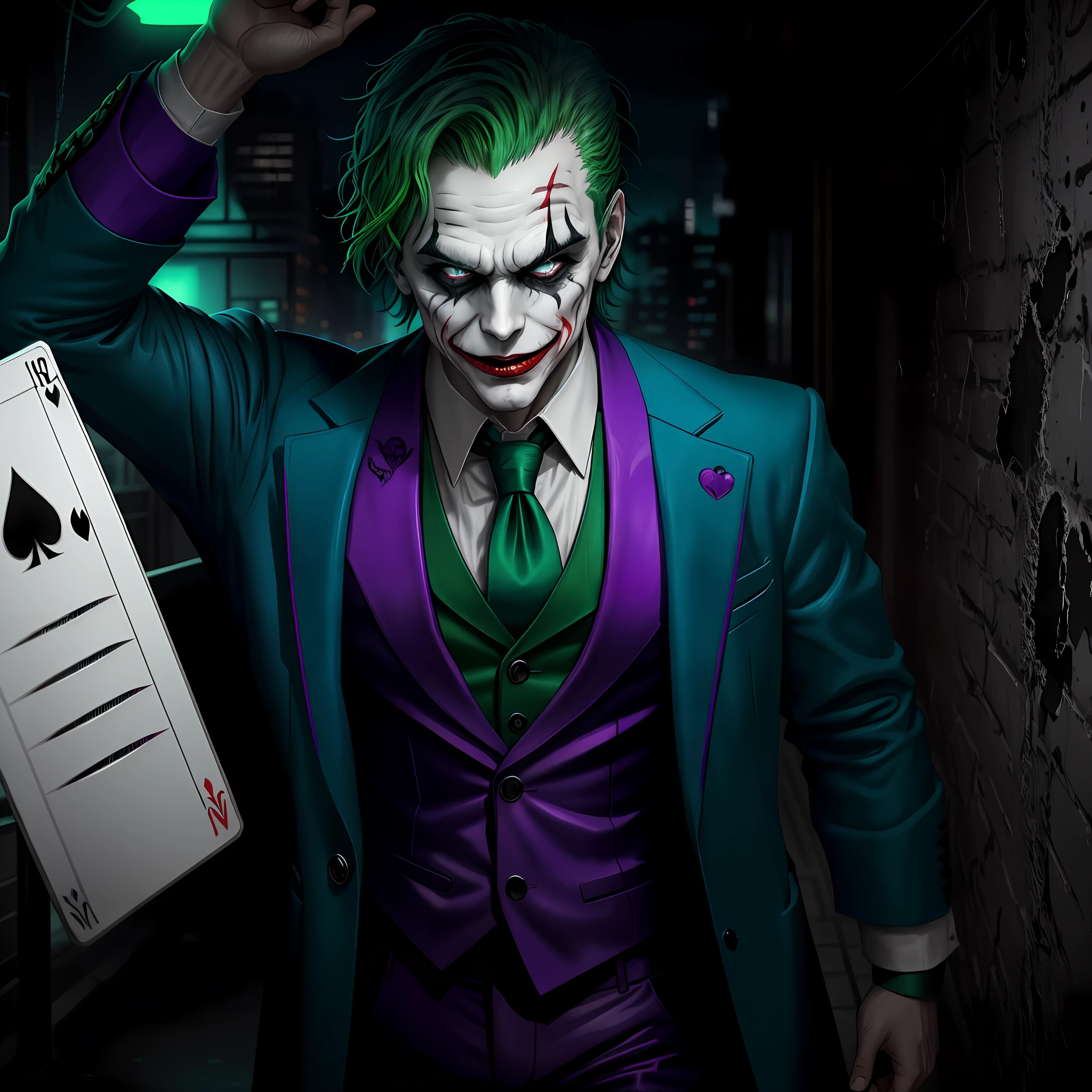 Portray the Joker in his iconic style from the movies and animations of the DC Comics universe, with his white skin, green hair, and sinister smile. He's wearing his purple suit and holding a deck of cards. The setting is a dark and gloomy alley, with neon lights flashing on a deadly joke board, The tone of the image is dark and sinister, with a touch of chaos and madness, capturing the essence of the DC comics Joker character.