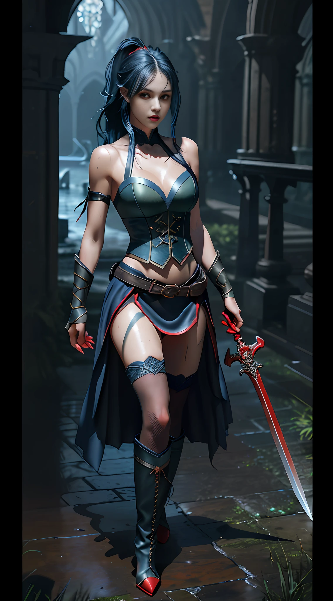 Perfect waist cut, Large breasts, Warrior girl with a small sword on hand, Skimpy organza clothes ,dark blue hair with red highlights, (perfect nose), Seductive gaze, Boots on high heels (Best Illustration), 8k Resolution, Intricate Details, Best Quality, Realistic, Ultra Detailed, Best Lighting, Best Shadows, Ultra HD, A Necromancer style, Night, Magic, Dark Style, Vampire, (shining red eyes:1.6), masterpiece, high_res, Beautiful face, tyndall effect, photo realistic, (high detailed skin:1.2), 8k uhd, dslr, high quality, Photograph, high resolution, 4k, 8k, Bokeh, absurdres, ponytail contorted, best ratio four finger and one thumb, front view, dark blue hair gorgeous, perfect proportional skinny fitness body, full body view, wet skin, wet clothes, dark cathedral baground scenery, huge bobs, belly muscle, long fit perfect legs, fishnet dark green Stockings,
