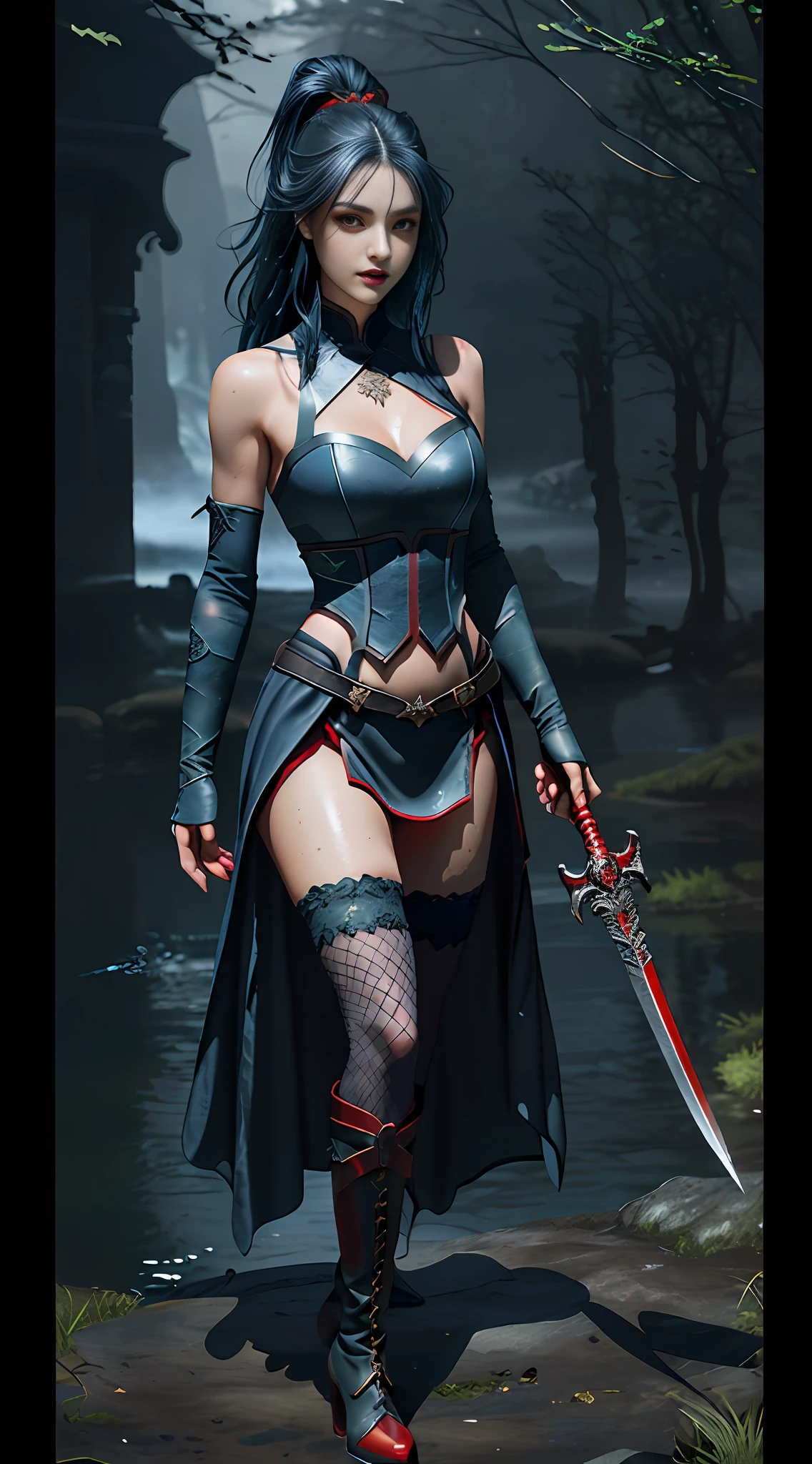 Perfect waist cut, Large breasts, Warrior girl with a small sword on hand, Skimpy organza clothes ,dark blue hair with red highlights, (perfect nose), Seductive gaze, Boots on high heels (Best Illustration), 8k Resolution, Intricate Details, Best Quality, Realistic, Ultra Detailed, Best Lighting, Best Shadows, Ultra HD, A Necromancer style, Night, Magic, Dark Style, Vampire, (shining red eyes:1.6), masterpiece, high_res, Beautiful face, tyndall effect, photo realistic, (high detailed skin:1.2), 8k uhd, dslr, high quality, Photograph, high resolution, 4k, 8k, Bokeh, absurdres, ponytail contorted, best ratio four finger and one thumb, front view, dark blue hair gorgeous, perfect proportional skinny fitness body, full body view, wet skin, wet clothes, dark cathedral baground scenery, huge bobs, belly muscle, long fit perfect legs, fishnet dark green Stockings,