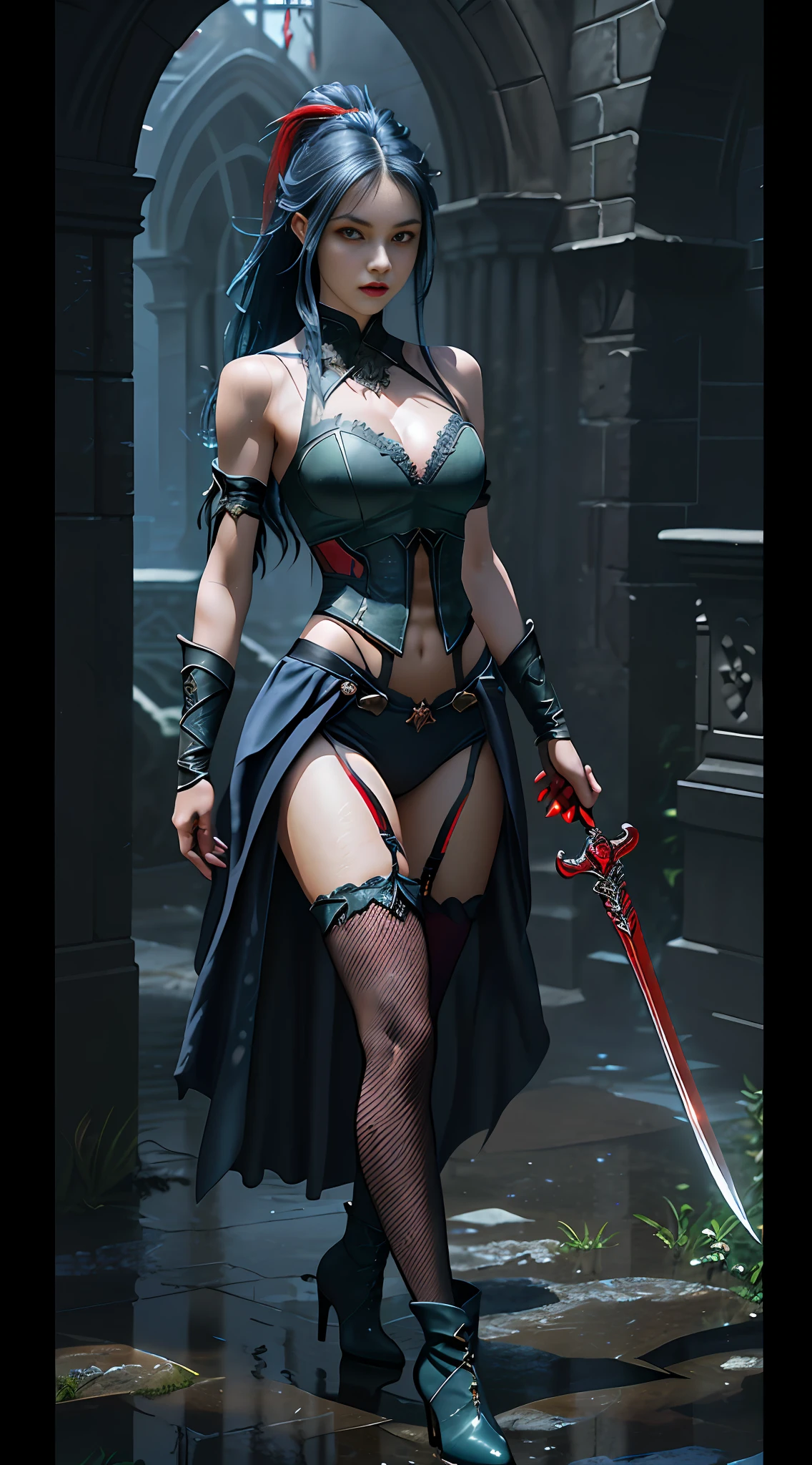 Perfect waist cut, Large breasts, Warrior girl with a small sword on hand, Skimpy organza clothes ,dark blue hair with red highlights, (perfect nose), Seductive gaze, Boots on high heels (Best Illustration), 8k Resolution, Intricate Details, Best Quality, Realistic, Ultra Detailed, Best Lighting, Best Shadows, Ultra HD, A Necromancer style, Night, Magic, Dark Style, Vampire, (shining red eyes:1.6), masterpiece, high_res, Beautiful face, tyndall effect, photo realistic, (high detailed skin:1.2), 8k uhd, dslr, high quality, Photograph, high resolution, 4k, 8k, Bokeh, absurdres, ponytail contorted, best ratio four finger and one thumb, front view, dark blue hair gorgeous, perfect proportional skinny fitness body, full body view, wet skin, wet clothes, dark cathedral baground scenery, huge bobs, belly muscle, long fit perfect legs, fishnet dark green Stockings,