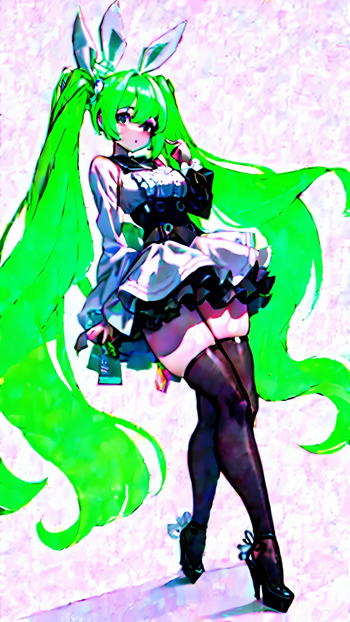 1girl, Hatsune Miku, looking at viewer, thick thighs, black thighhighs, bunnysuit, high heels, simple background