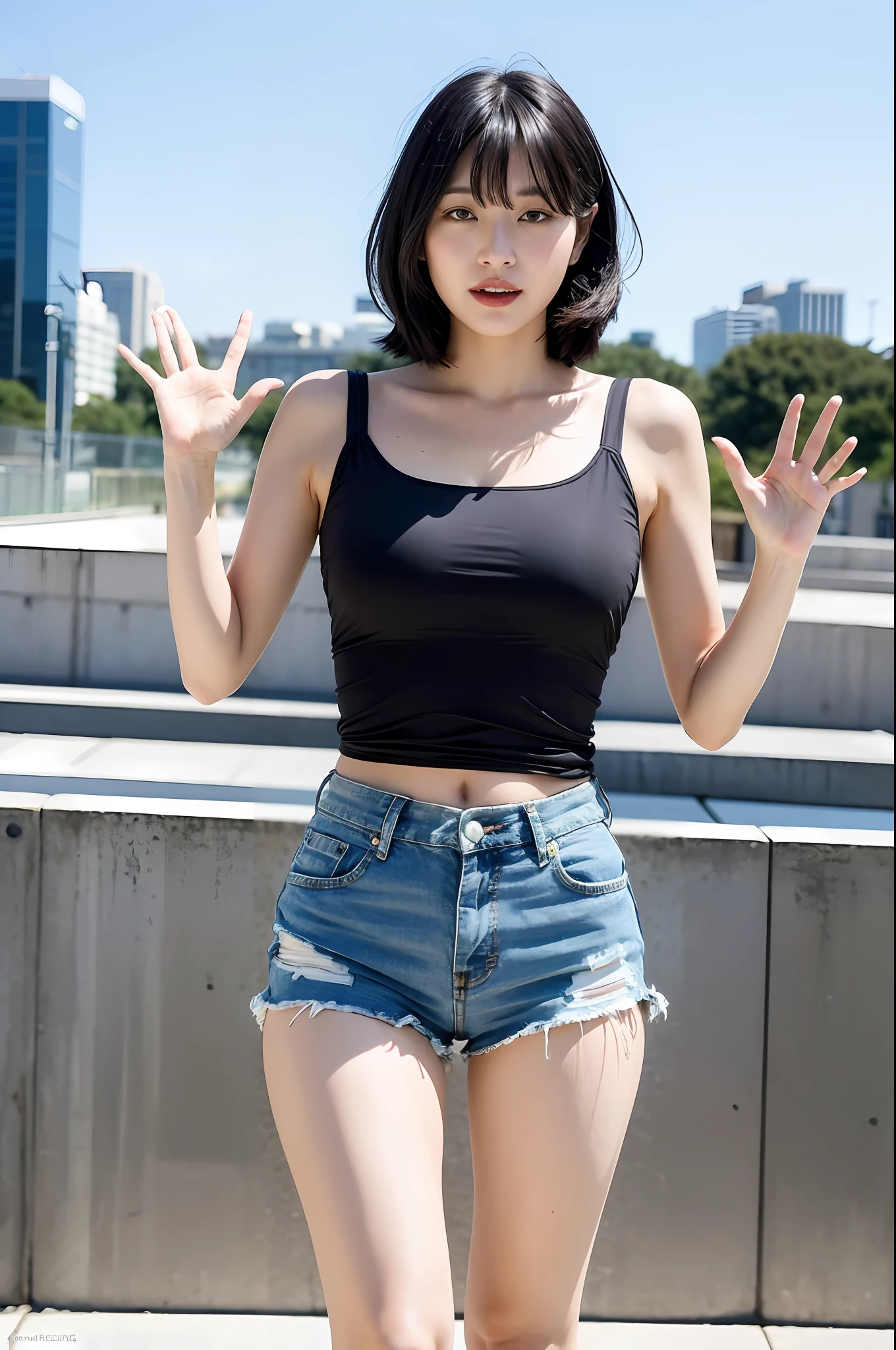 cityscape, mature mature young woman, bob black hair fluttering in the wind, with bangs, trendy swimsuit style, hands up, sagging eyes, big double teeth, super cute, nice perfect face with soft skin, immature woman in trendy shorts, 8K resolution, super realistic, super detailed, high quality, erotic and beautiful trendy shorts,