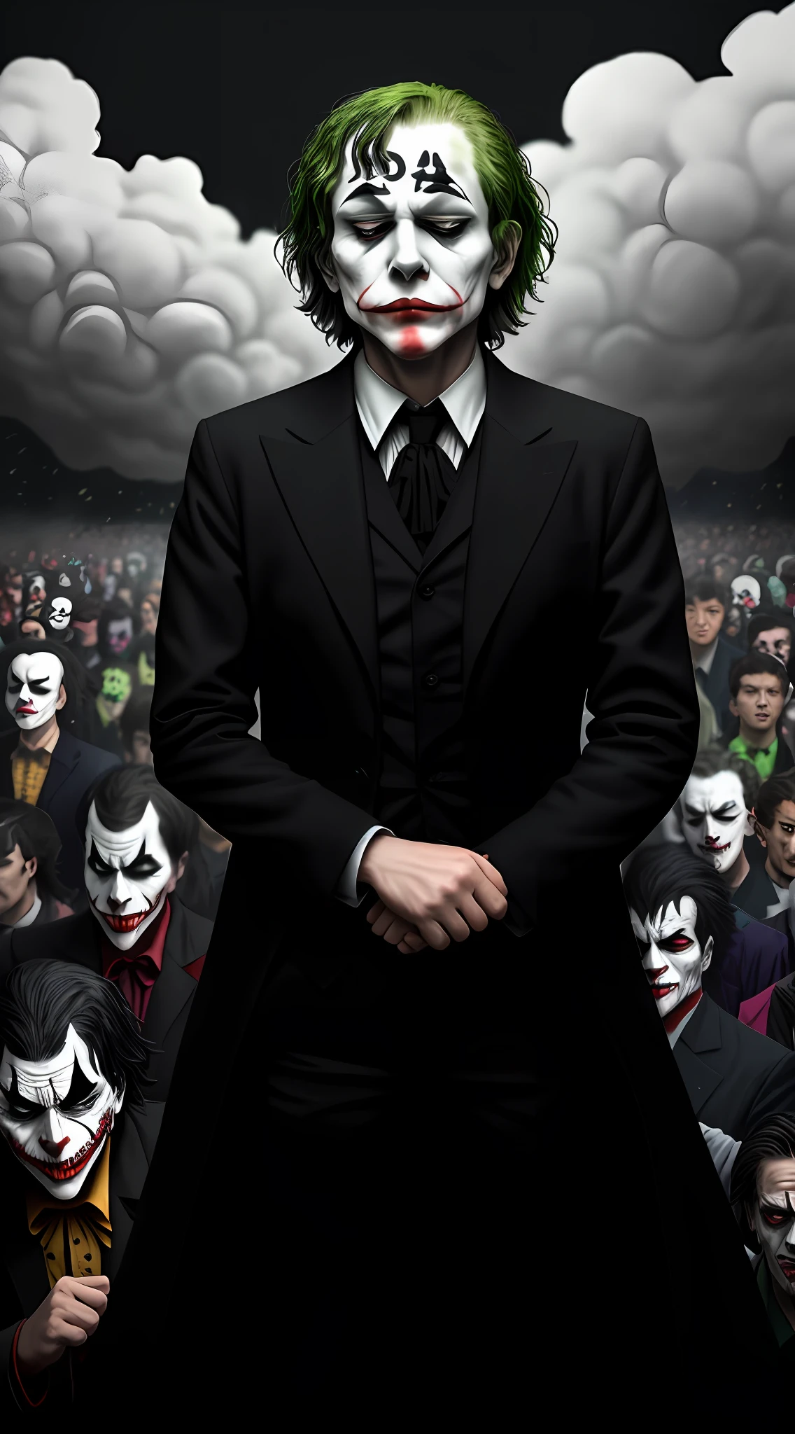 (Angry Joker: 1.2), standing in a noisy crowd of sleeping people no face with a black cloud over him, (disgusting expression: 1.1)