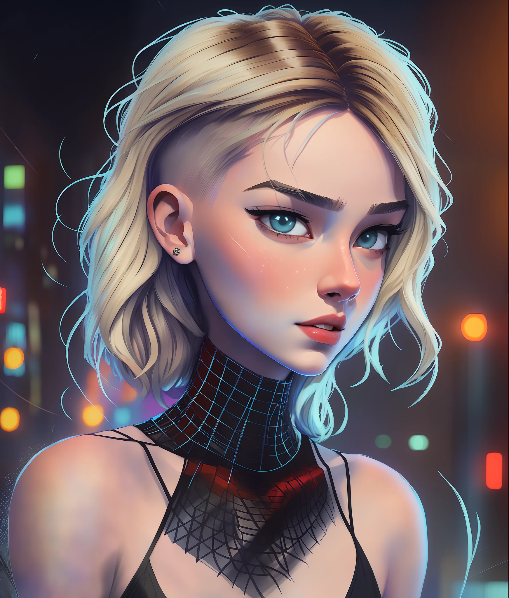 ((masterpiece)), (cinematic lighting), a close-up, beautiful stylized illustration of gwen_stacy, with a sidecut, asymetrical blonde hair, with incredibly detailed blue eyes and a beautiful detailed face, with parted lips, the side of her head shaved, bare shoulders, casual in the city, looking away, by jeremy mann, by sandra chevrier, by dave mckean and richard avedon and maciej kuciara, high detailed, 8k,  samdoesart style