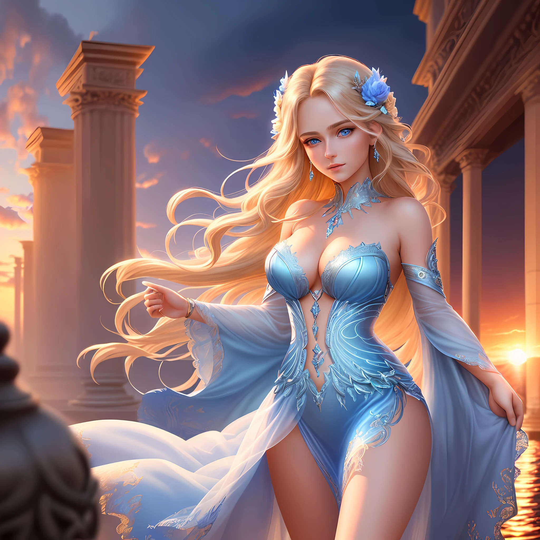 Goddess of beauty, (best quality+masterpiece), ultra-detailed CG image,amazing details,gorgeous dynamic angle,girl (one woman),blue eyes,blonde(long or short),wearing a transparent dress, beautiful face, sunset light, flowing hair, natural hair,sweets, clouds, focused focus.