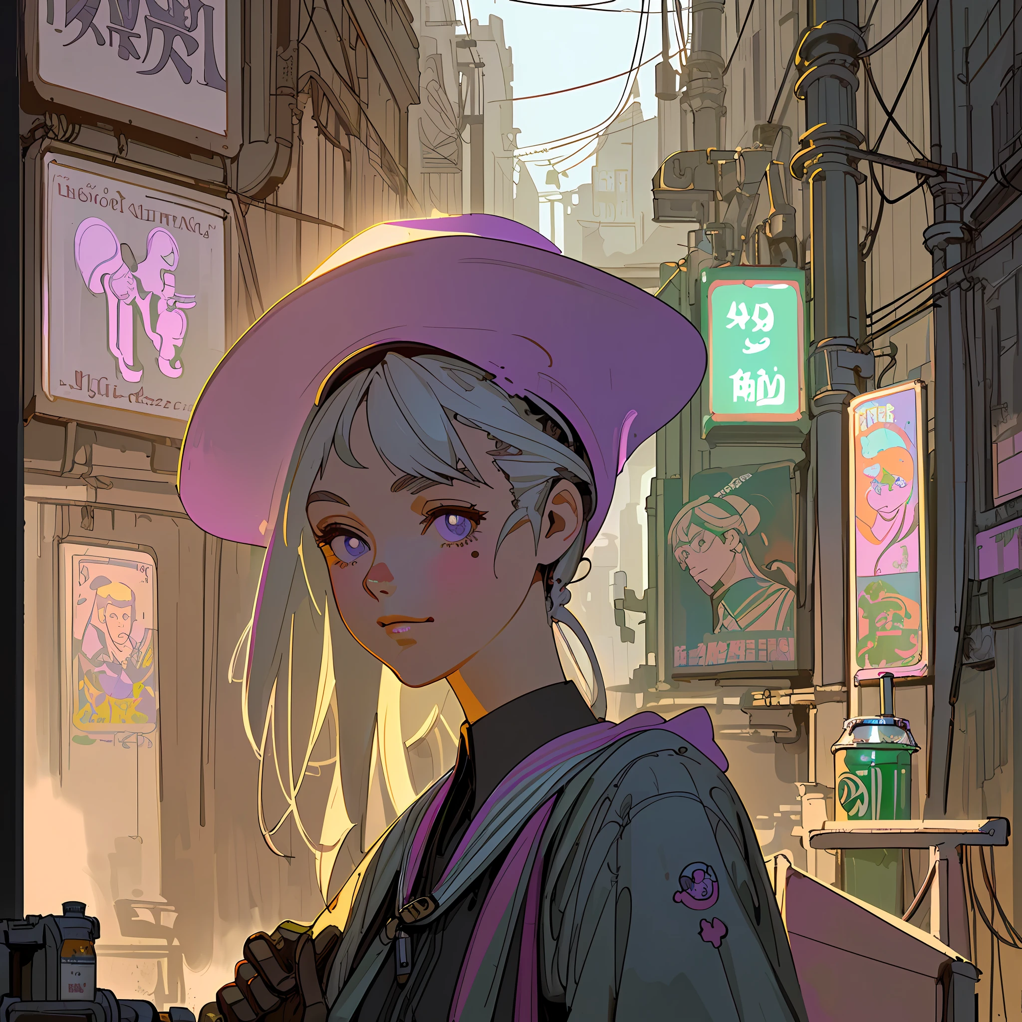 (masterpiece), (best quality), (best detail), (main color of illustration: pastel violet), advertising poster (a very beautiful model (very detailed face) with cheerful posture with a soft drink in her hand), futuristic scenery of a dirty and old alley, at night, artificial light, clean, busy environment, shaded (detailed, much contrast), very saturated pulp colors