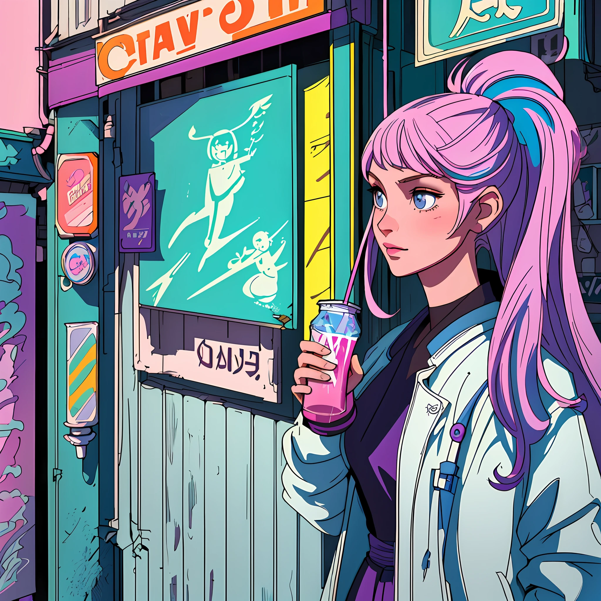 anime girl with pink hair holding a drink in front of a store, anime girl drinks energy drink, mysterious coffee shop girl, cyberpunk art style, 8 0 s anime vibe, 8 0 s anime art style, digital cyberpunk anime art, in the art style of 8 0 s anime, anime style illustration, digital cyberpunk - anime art, 8 0 s anime style