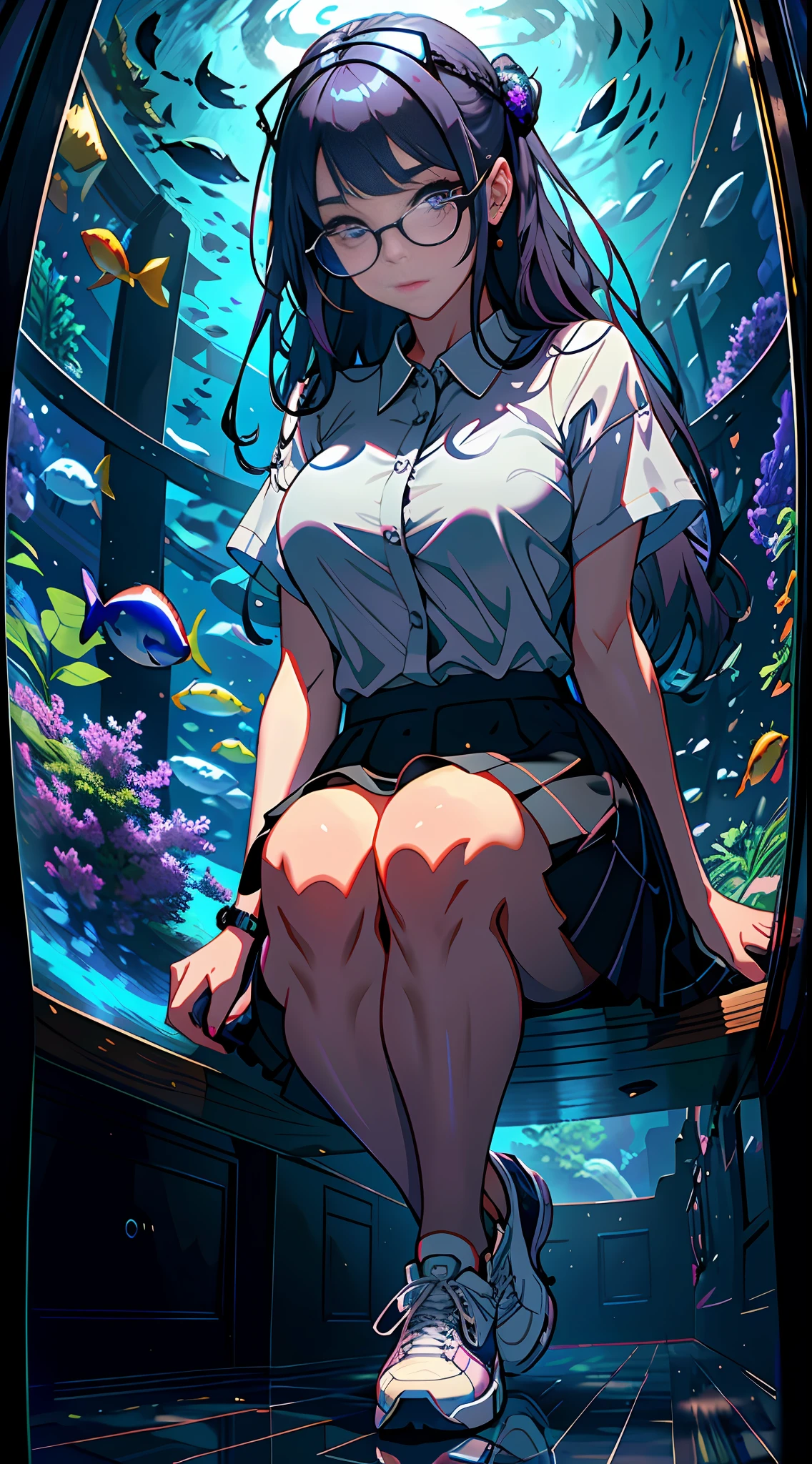 Beautiful girl, in an aquarium, fisheye, incredibly detailed eyes, large breasts, gray blouse, stylized skirt, sparkling violet hair, amazing lighting, sneakers, incredibly long hair, immersive and detailed scenery, reflecting floor, reflecting glasses (((best quality))) 8k wallpaper,