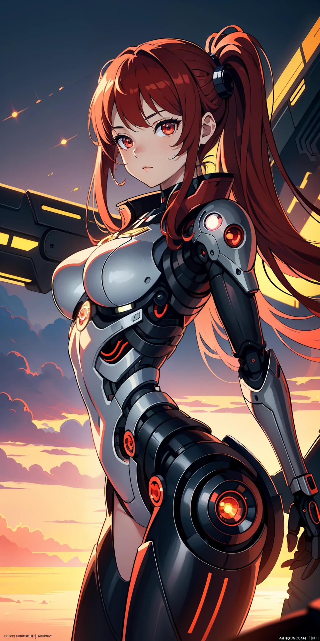 (masterpiece:1.2, best quality), (extremely detailed CG unity 8k wallpaper, best shadow), ultra-detailed, (finely detailed beautiful eyes: 1.2), (1 girl), ((cyborg, high-tech)), (long crimson hair:1.2), anime, Futurism, masterpiece, best quality, high details, 4K