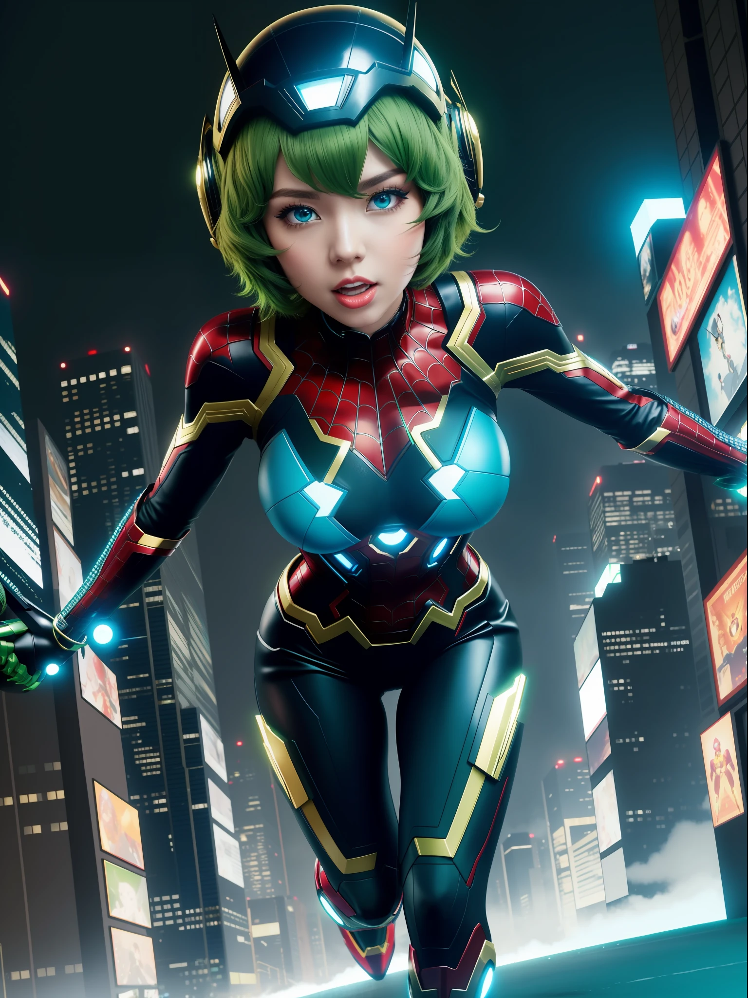 full body photo, 1 woman, ((cosplay very tight in the body in black with gold details, like Spiderman/Ironman/Kamen Rider/Ultraman)), Kamen Rider helmet, feet on the ground, huge breasts, looking at the viewer, (short green hair:1.5) and (blue eyes:1.5), (blue thunder behind her:1.5), she is in a futuristic city at night with heavy fog and full moon in the sky, she is walking with guns futuristic hands, energetic, diverse environment movement, exaggerated movements, licking lips, shaded, drooling, facing another, excited, anime, 16k, highres, best quality, high details, UHD, masterpiece