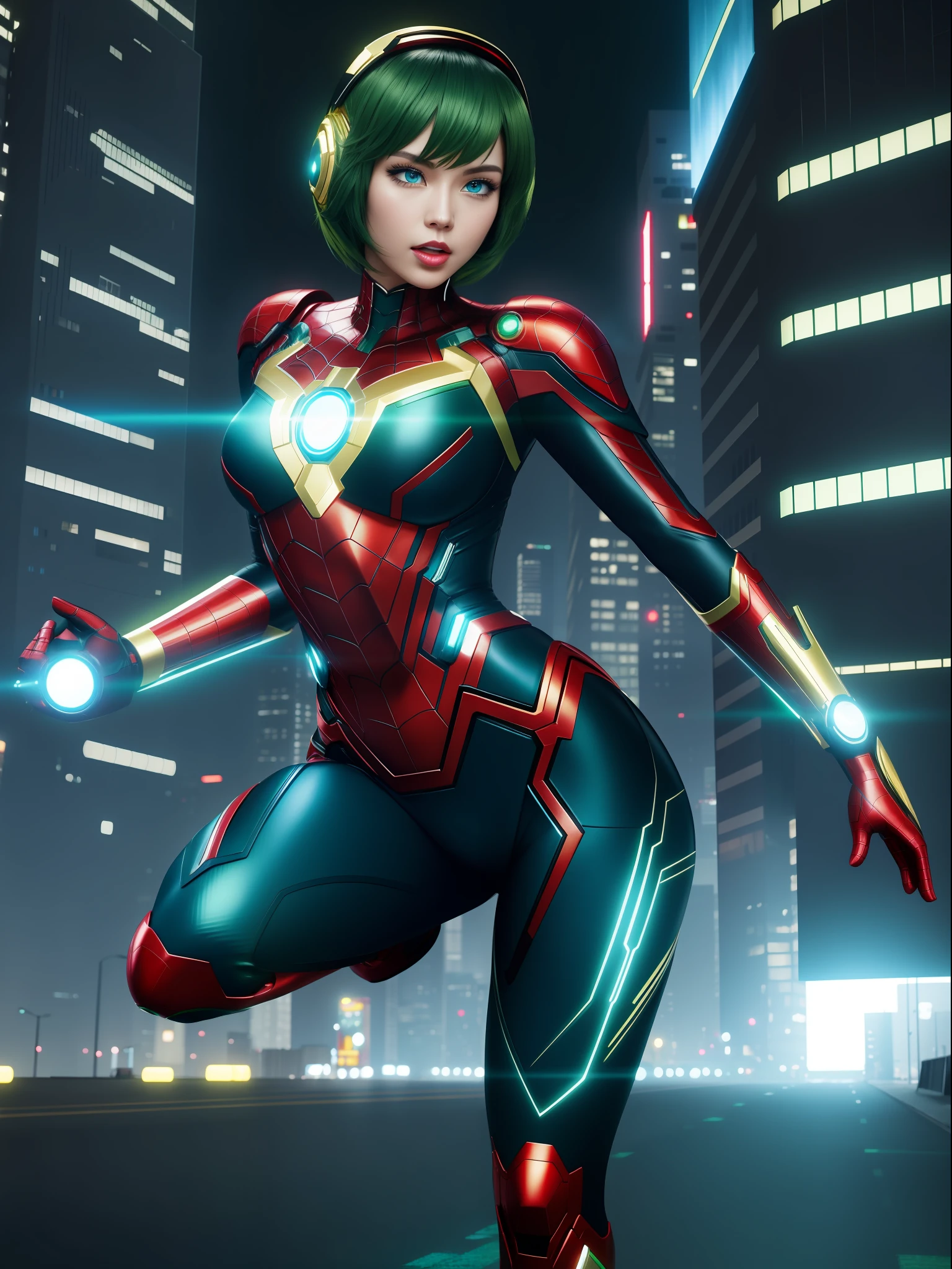 full body photo, 1 woman, ((cosplay very tight in the body in black with gold details, like Spiderman/Ironman/Kamen Rider/Ultraman)), Kamen Rider helmet, feet on the ground, huge breasts, looking at the viewer, (short green hair:1.5) and (blue eyes:1.5), (blue thunder behind her:1.5), she is in a futuristic city at night with heavy fog and full moon in the sky, she is walking with guns futuristic hands, energetic, diverse environment movement, exaggerated movements, licking lips, shaded, drooling, facing another, excited, anime, 16k, highres, best quality, high details, UHD, masterpiece