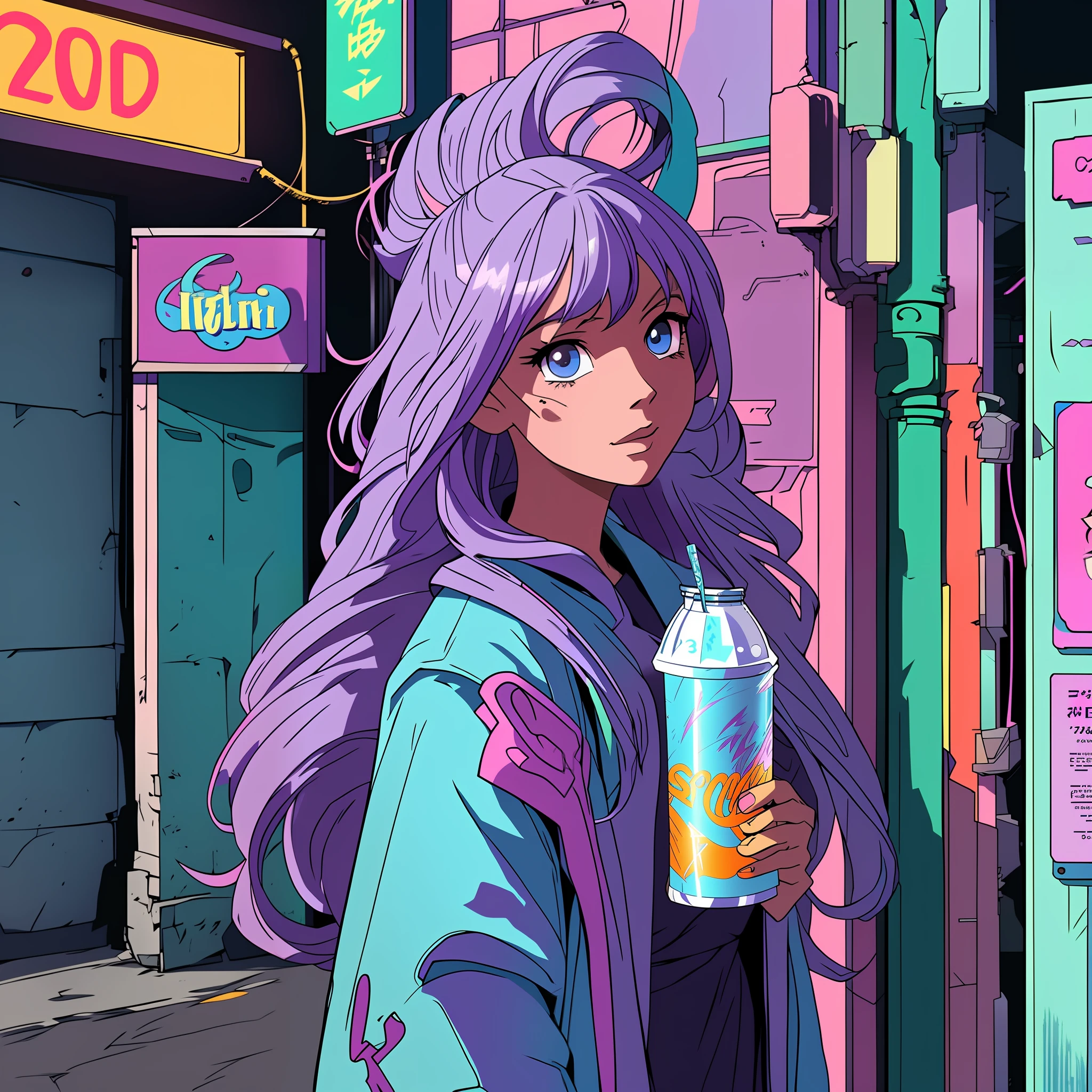 anime girl with purple hair and blue eyes holding a drink, anime girl drinks energy drink, 8 0 s anime vibe, 8 0 s anime art style, 8 0 s anime style, in the art style of 8 0 s anime, 9 0 s anime art style, retro anime girl, 90s anime style, 9 0 s anime style