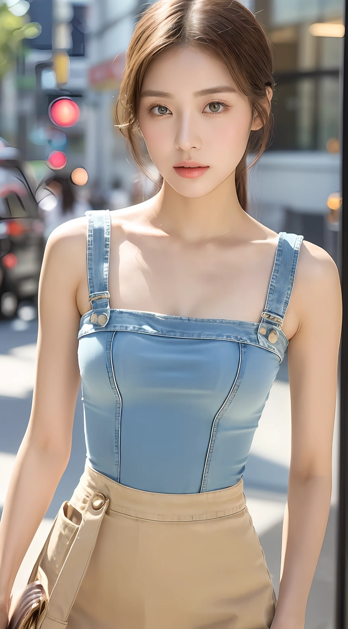 Fashion trendy beautiful and charming woman, gentle and charming Chinese beautiful woman, delicate and sexy collarbone, charming oval face, double eyelids, smart peach blossom eyes, pink lips, small nose, bare shoulders, focus on the face, close-up of the face, Ultra-high-definition, super-detailed, full-body photo, ultra-thin and light-transmitting, with this light blue denim skirt and beige T-shirt, the gentle light-colored matching makes the skin white and beautiful, and the temperament is outstanding, plus the whole matching is elastic The combination also shows the figure, and can be seen through