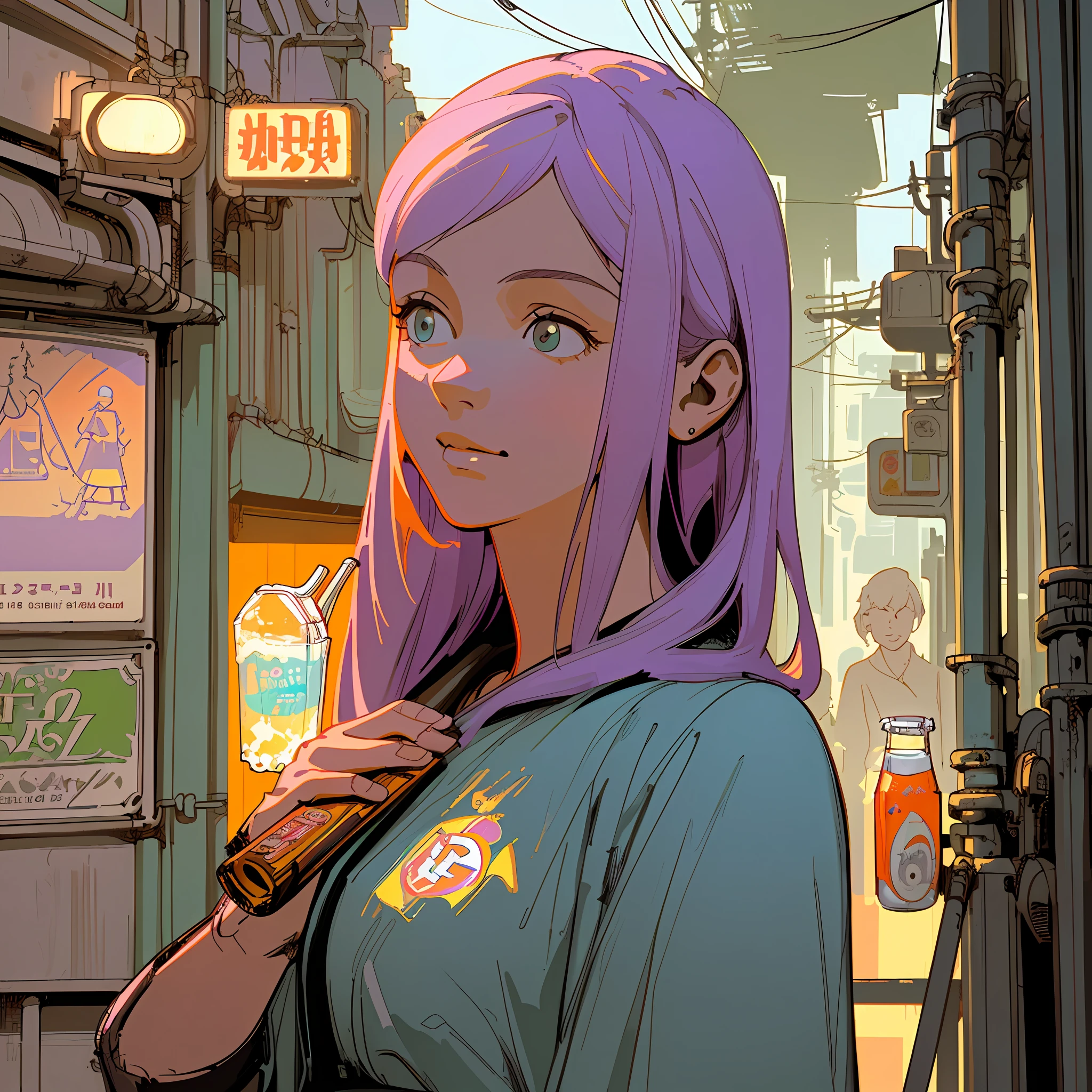 masterpiece), (best quality), (best detail), (main illustration color: pastel violet), (secondary color: pastel orange), advertising poster (a very beautiful model (very detailed face) with cheerful posture with a soft drink in her hand(very detailed fingers)) , futuristic scenery of a dirty and old alley, at night, artificial light, clean, busy environment, shaded (detailed, high contrast), highly saturated pulp colors
