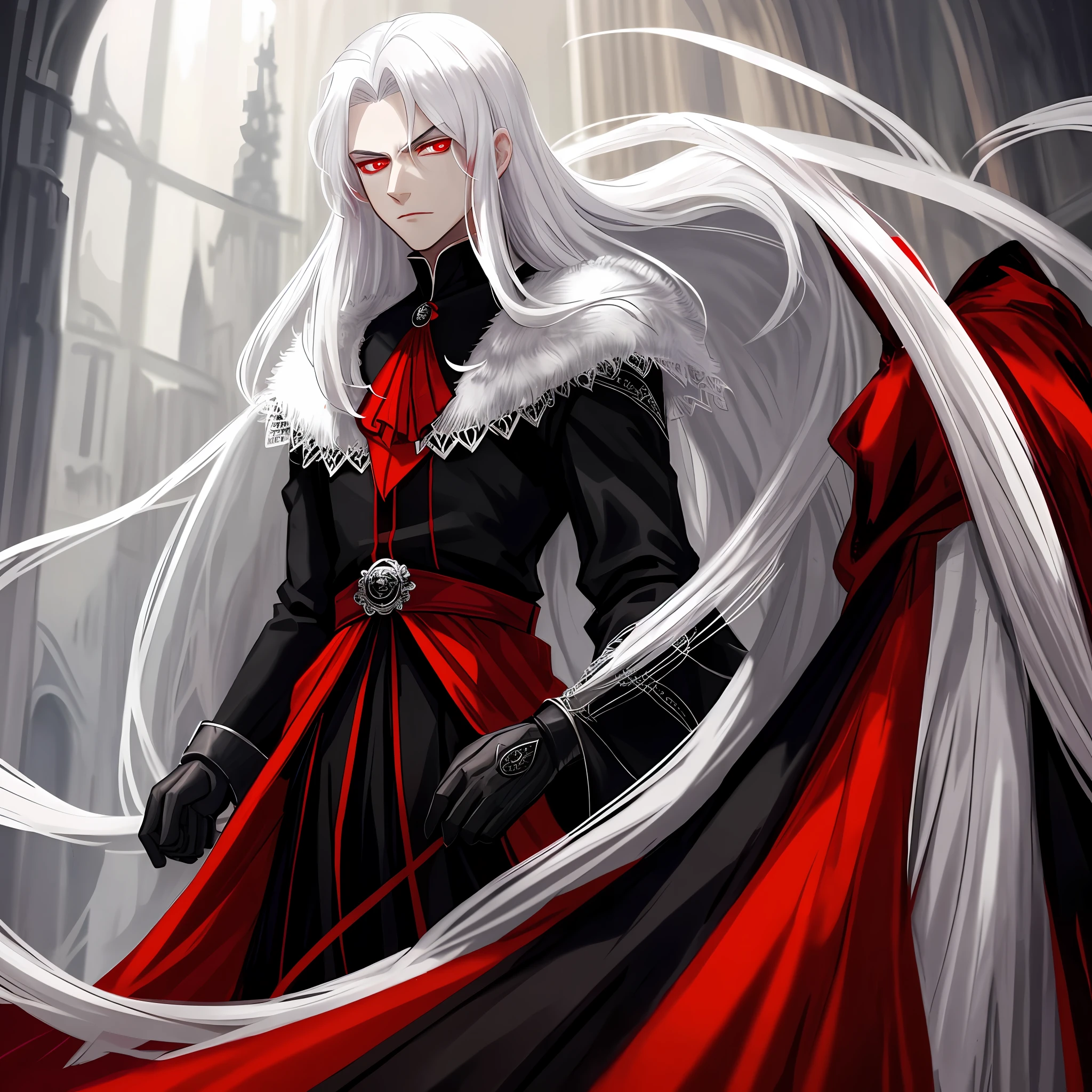 A beautiful young prince of darkness with his beautiful white hair and his beautiful red eyes wearing a dark red cape with his beautiful black and scary outfit