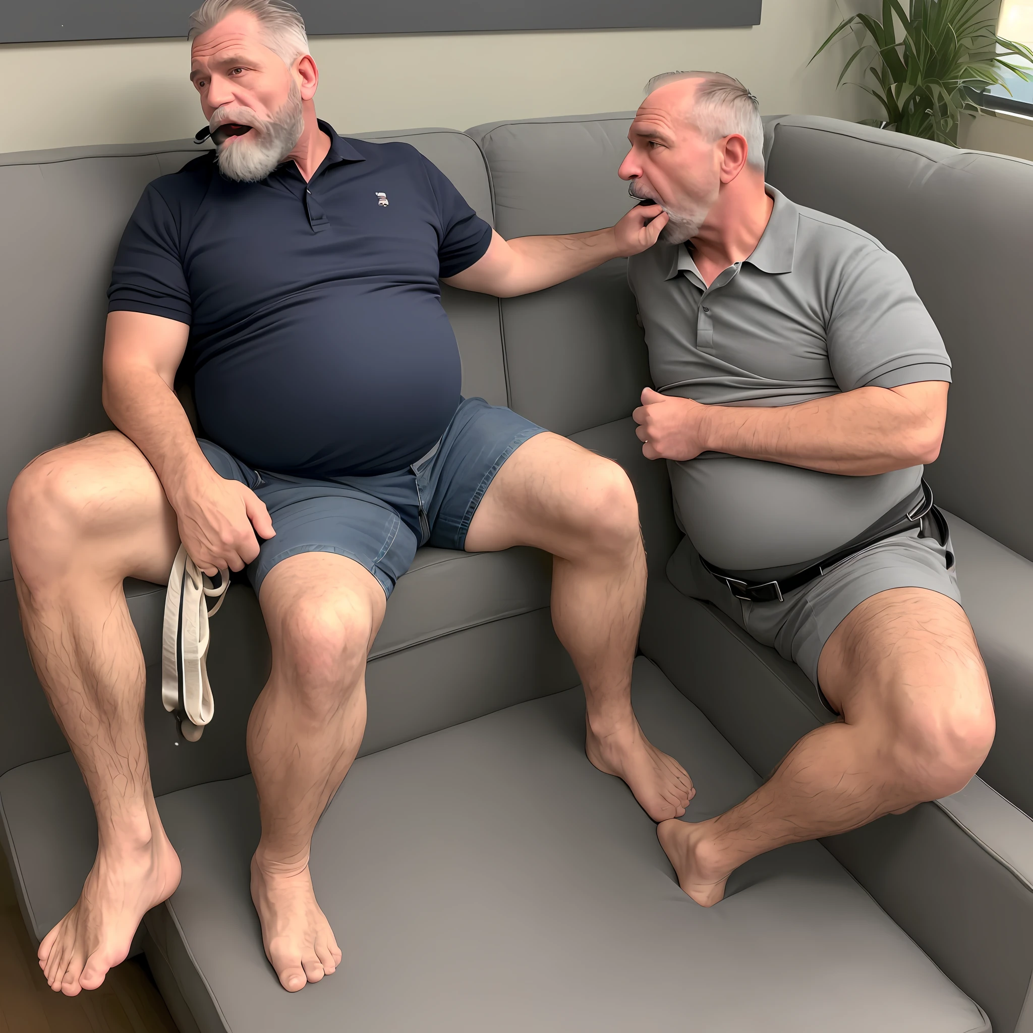 ((bound)), ((gagged)), ((bondage)), ((bdsm,)) ((nsfw)): A 50-year-old Caucasian man, with a beard and short semi-gray hair, medium height, belly-bellied, wearing a polo shirt, jeans and shoes, sitting on a couch with his hands tied behind, feet tied together and a gag in his mouth.