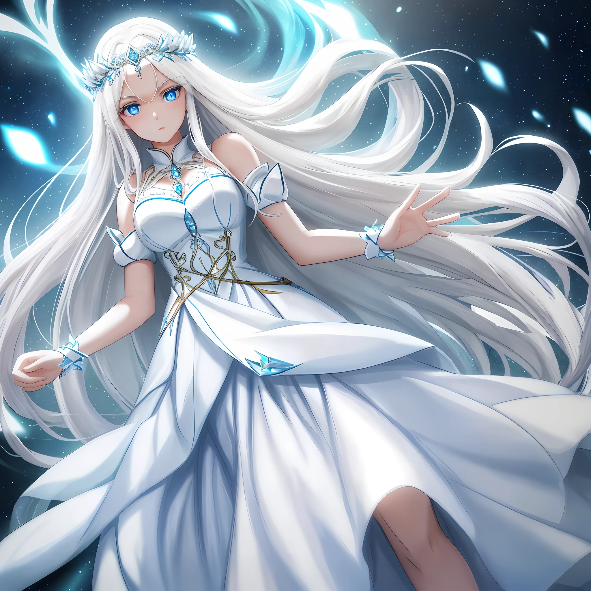 A beautiful goddess with long white hair and blue eyes, wearing an extremely beautiful strap and a white dress is extremely perfect