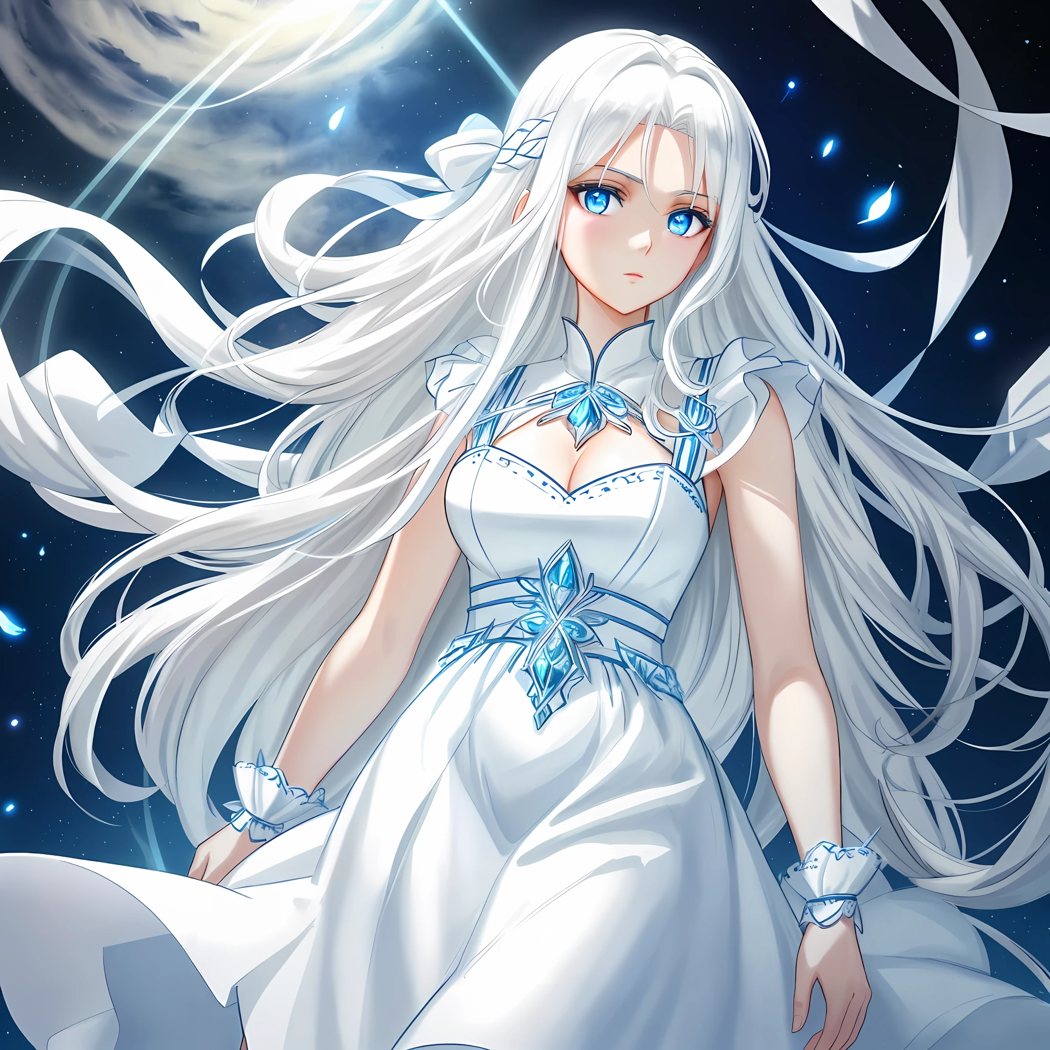A beautiful goddess with long white hair and blue eyes, wearing an extremely beautiful strap and a white dress is extremely perfect