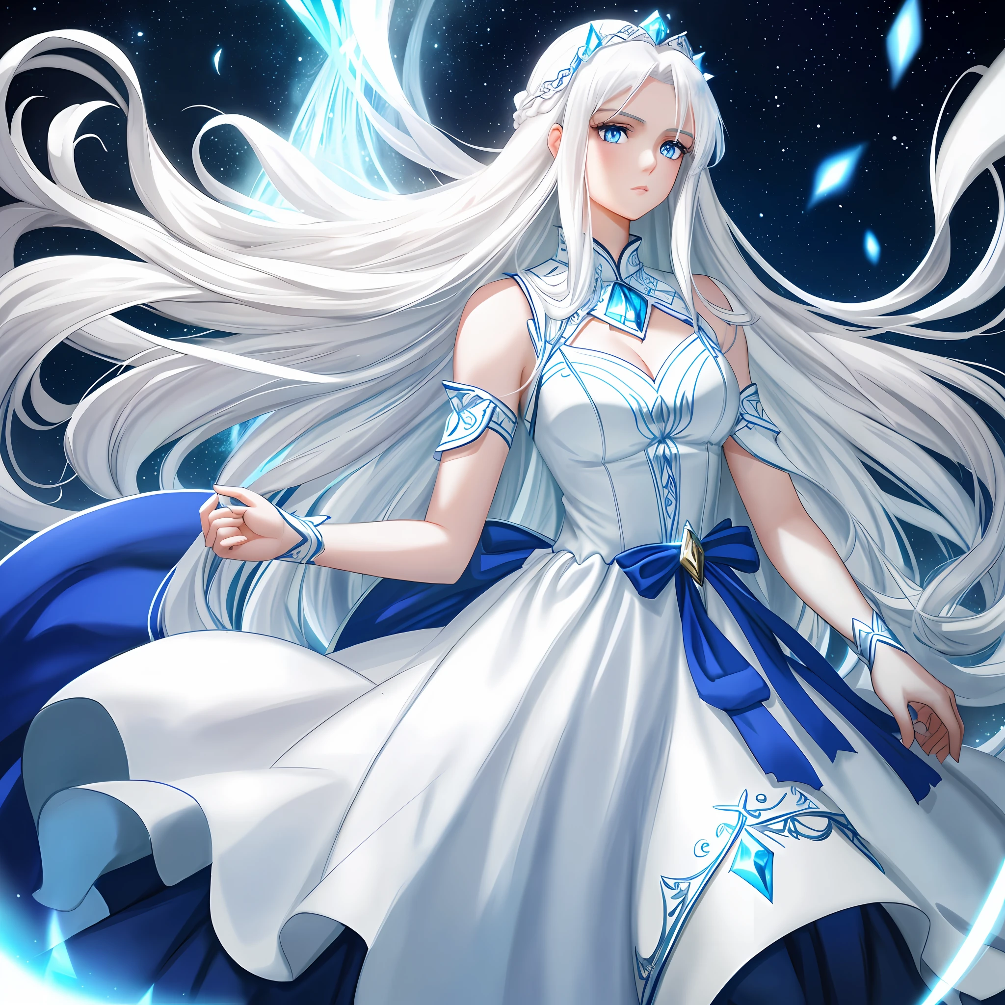 A beautiful goddess with long white hair and blue eyes, wearing an extremely beautiful strap and a white dress is extremely perfect