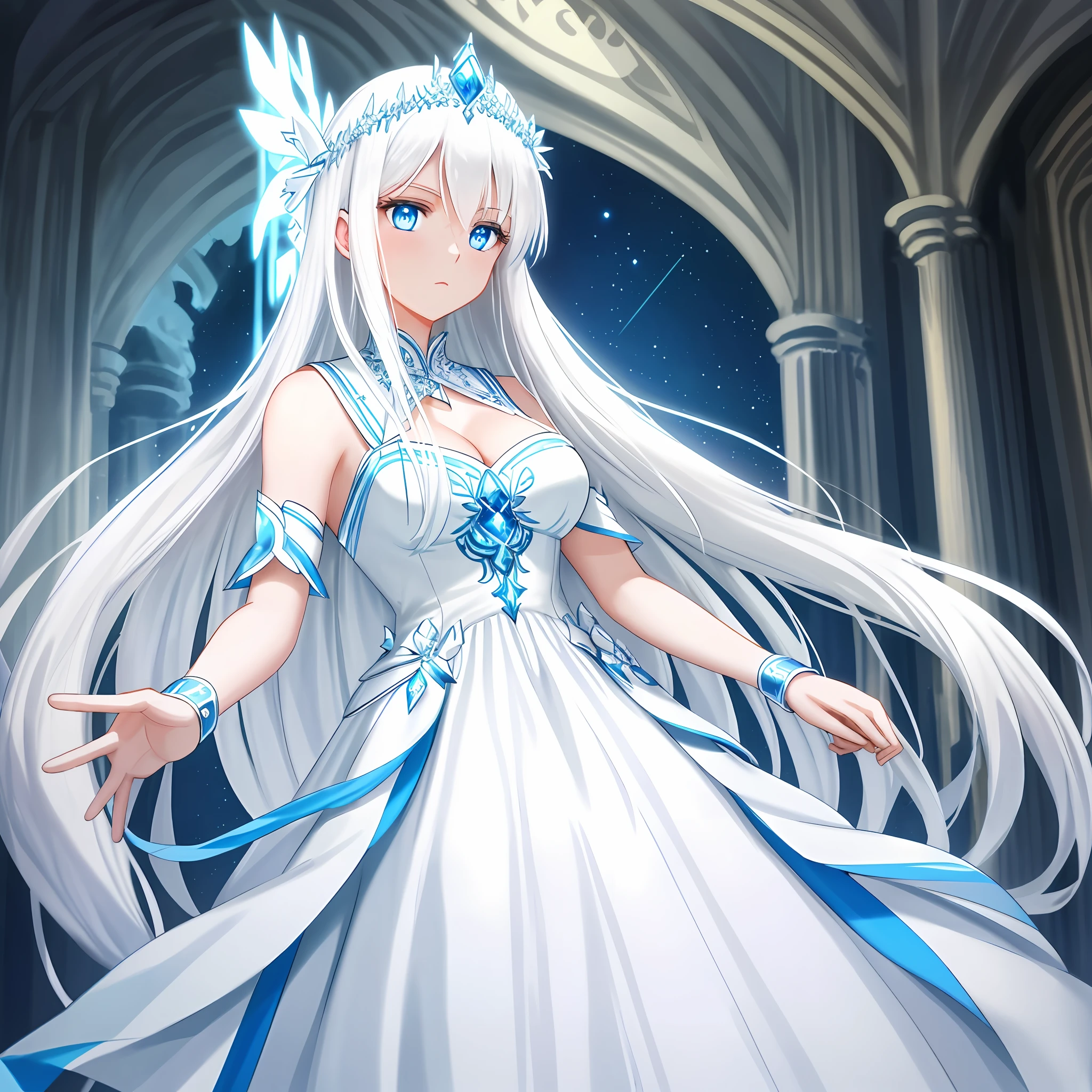 A beautiful goddess with long white hair and blue eyes, wearing an extremely beautiful strap and a white dress is extremely perfect
