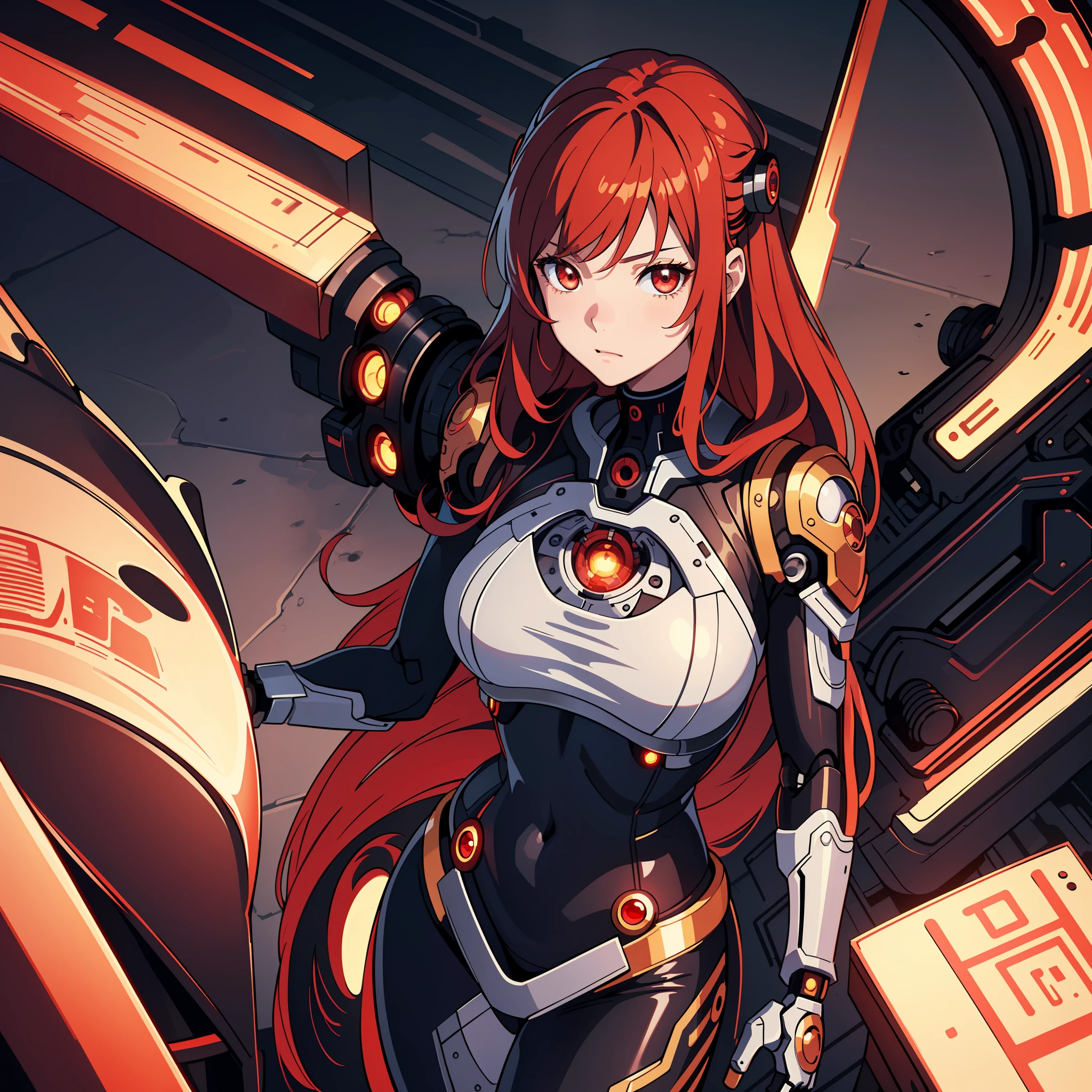 (masterpiece:1.2, best quality), (extremely detailed CG unity 8k wallpaper, best shadow), ultra-detailed, (finely detailed beautiful eyes: 1.2), (1 girl), ((cyborg, high-tech)), (long crimson hair:1.2), anime, Futurism, masterpiece, best quality, high details, 4K