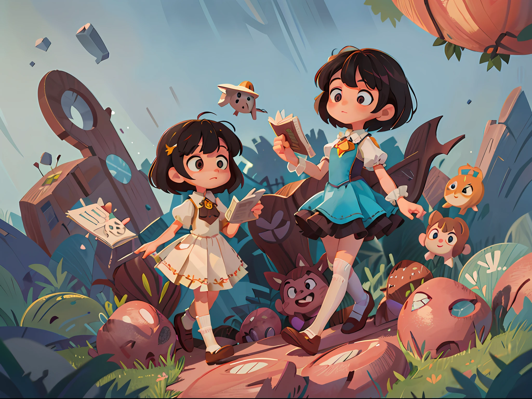(Best Quality, Masterpiece: 1.1), Black frilled hem dress, Cross shoulder pockets, High knee socks, Surreal, (Fantasy), A girl teaching kids to read, cute medium small breasts, bright face, white eyes, short hair, flipped hair, brown hair, Ultra HD, 3D, full body, standing, facing the design paper