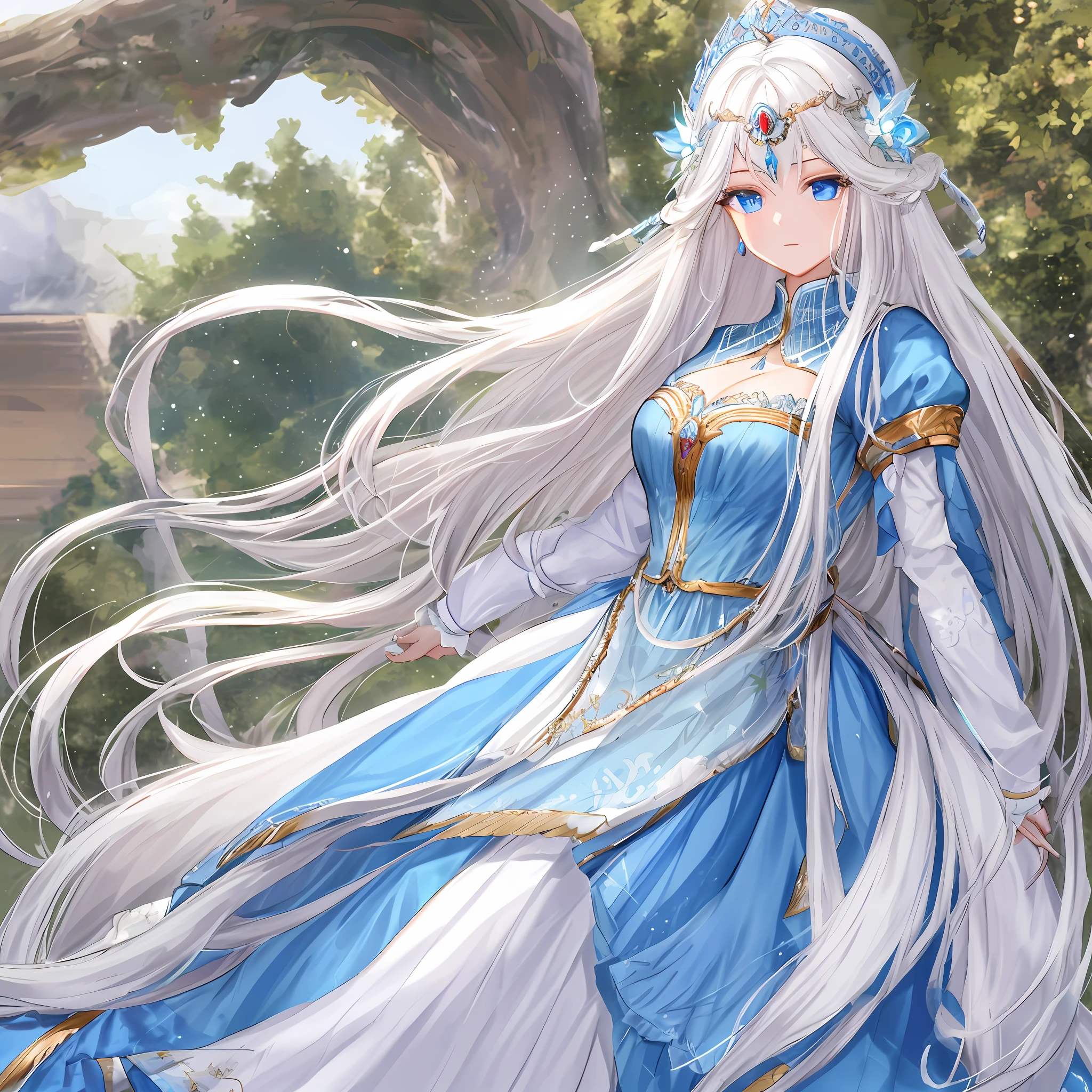 A beautiful goddess with long white hair and blue eyes, wearing an extremely beautiful strap and a white dress is extremely perfect