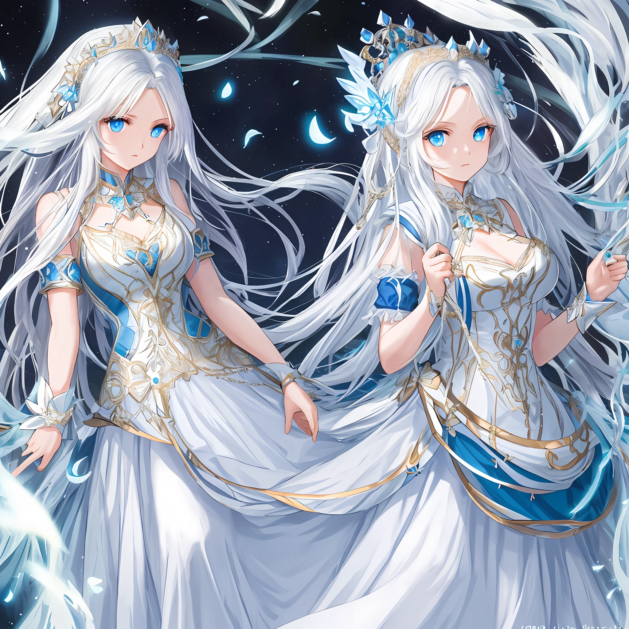 A beautiful goddess with long white hair and blue eyes, wearing an extremely beautiful strap and a white dress is extremely perfect