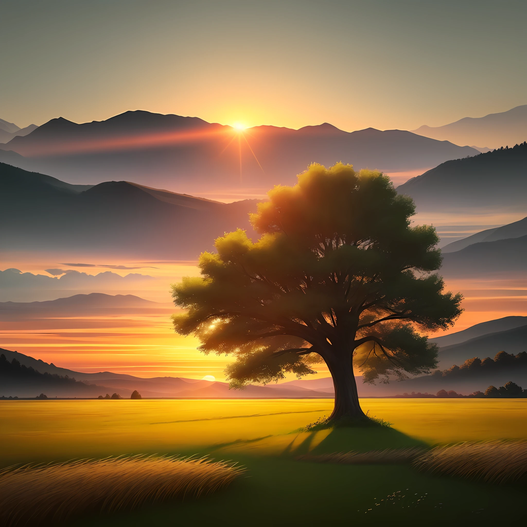 sunset over a grass field with a solitary tree in the middle, scenery in nature, solitary tree, nature in all its beauty, beautiful environment, landscape - stunning nature in the background, a beautiful tree, tree of life seed of doubt, detailed fields nature, landscapes: the joy of living, hd wallpaper, a beautiful landscape.2 D