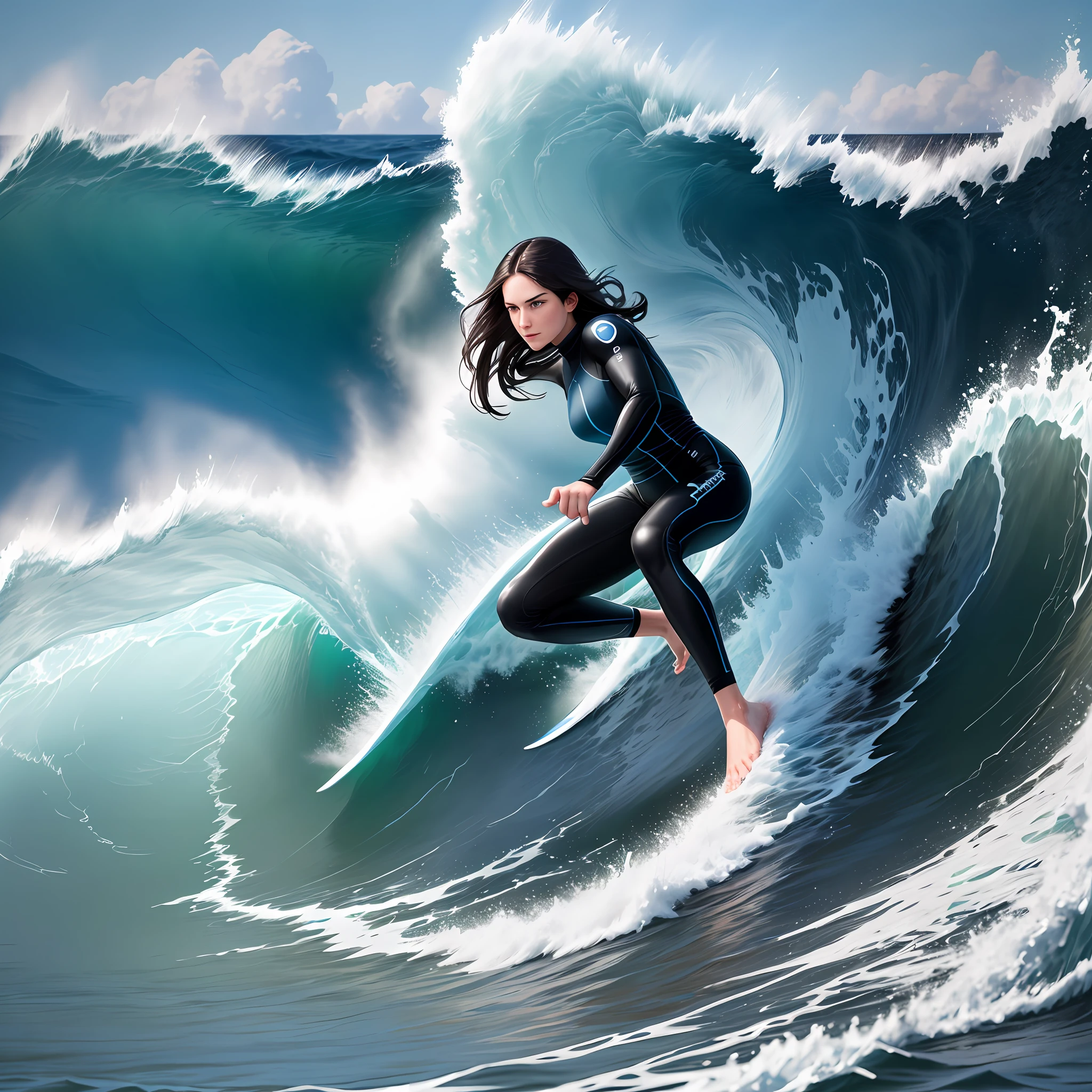 creating a realistic image of a dark-haired woman with a white lock, surfing a wave: The image should feature a woman surfing a wave in the ocean. The surfer should be in the foreground, with the wave rising behind them. The water should be a mixture of blues and greens, with white foam around the wave. The surfer should be seen in a crouching position, with arms outstretched and eyes focused on the wave. Your face should be calm and determined, conveying the sense of excitement, freedom, and accomplishment that comes with surfing. The overall design should be realistic, with subtle textures and details that bring the scene to life. The image should be in high resolution to show the details of the wave and the surfer's body, giving the viewer a sense of being there in the moment.
