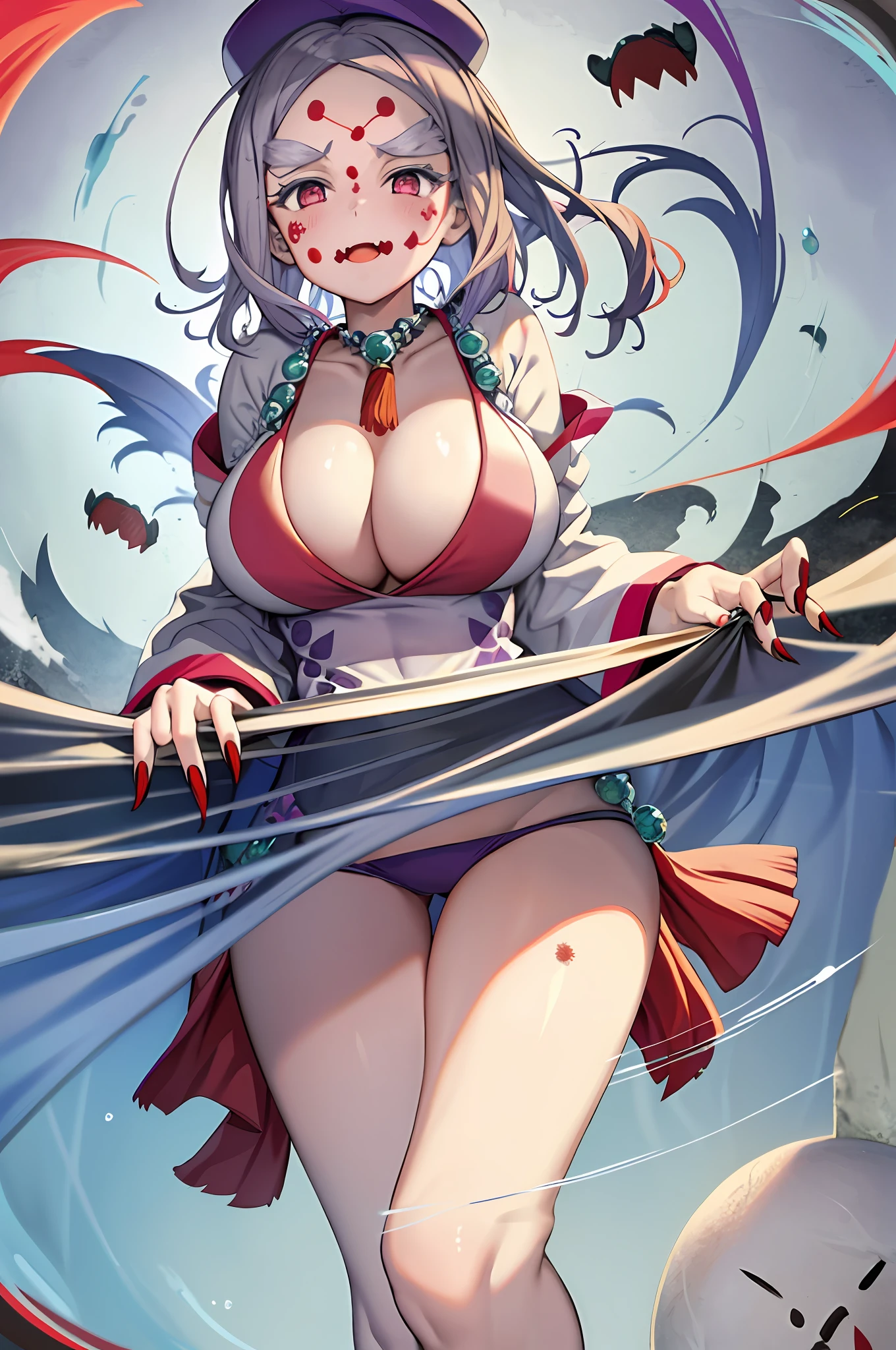 masterpiece, best quality, 1girl, breasts, solo,, hat, colored skin, jiangshi, lei lei, short hair, blue skin, open mouth, claws, blush stickers, swimsuit, navel, huge breasts, qing guanmao, simple background, large areolae, blue hair, blood, zombie, ofuda, shiny skin, shiny, puffy, red eyes, purple hair, flipped hair, bikini, grey background, torn clothes, large breasts, standing, breasts out, wide sleeves, fang, looking at viewer, hair between eyes, long sleeves, inverted,