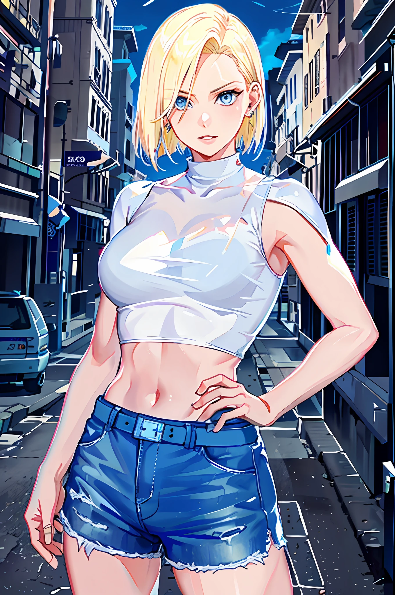 and18, 1girl, android 18, solo, blonde hair, blue eyes, short hair, earrings, jewelry, tight white shirt, hard , oiled body, blue shorts