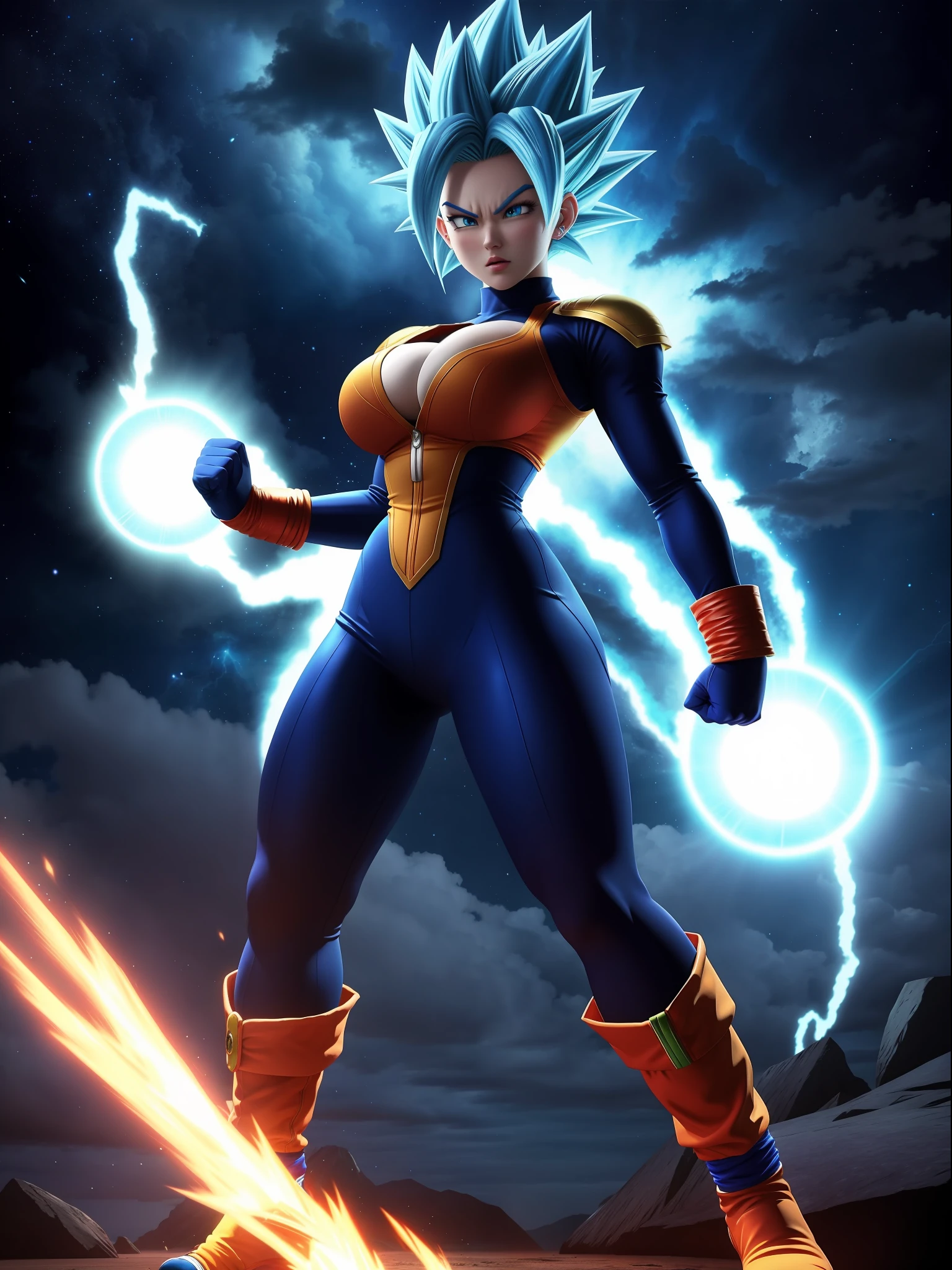 full body photo, Super Saiyan 2, Vegeta/Goku/Gohan cosplay woman, giant breasts, very tight clothes on the body, Blue hair, blue eyes, body covered in blue aura with strong emanation, in fighting position, precise movement, fists upwards, hand clenched, night sky raining heavily with thunderclouds and heavy thunder, vivid colorsm Dragon Ball, Ultra Instinct, ultra detailed, forehead jewel, angry, flustered, determined, Anime, Masterpiece, best quality, 16k, UHD