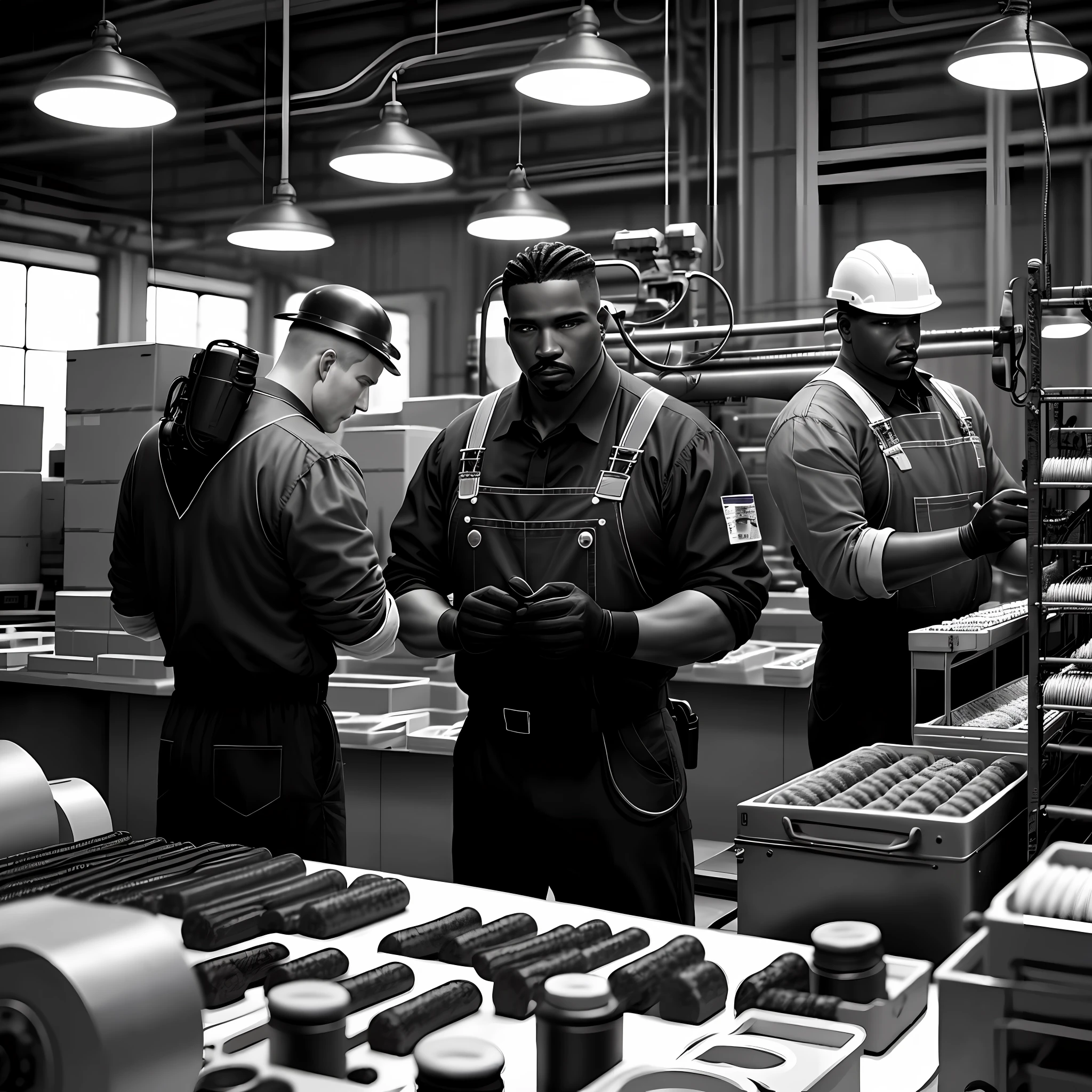 I want an amazing color photo of black and white men working on a production line, realistic