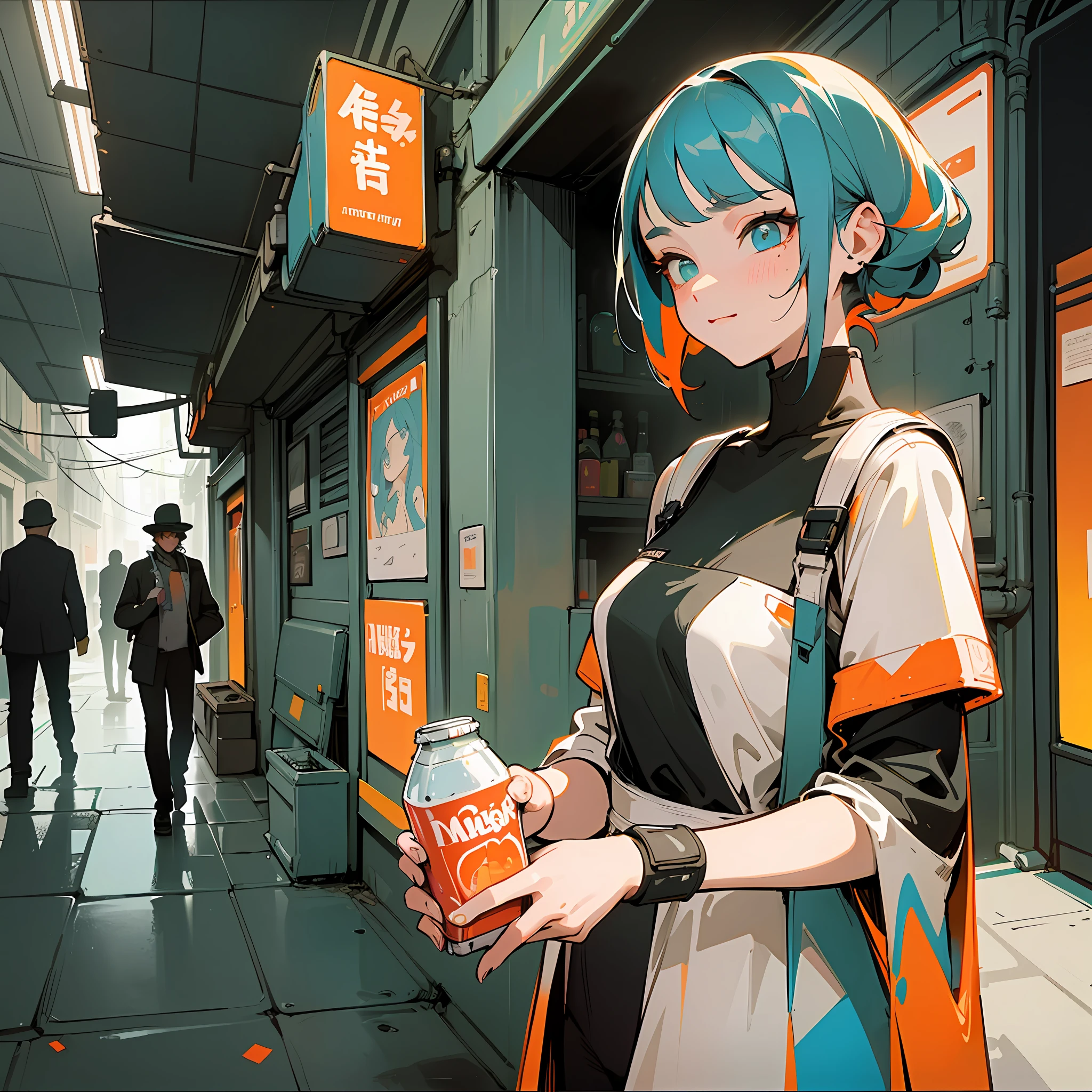 (masterpiece), (best quality), (best detail), (general flat point of view), (main color of illustration: pastel red), (secondary color: pastel yellow), advertising poster (a very beautiful model (very detailed face) with cheerful posture with a soft drink in her hand(very detailed fingers)) , futuristic scenery of a dirty and old alley, at night, artificial light, clean, busy environment, shading (detailed, lots of contrast), very saturated pulp colors