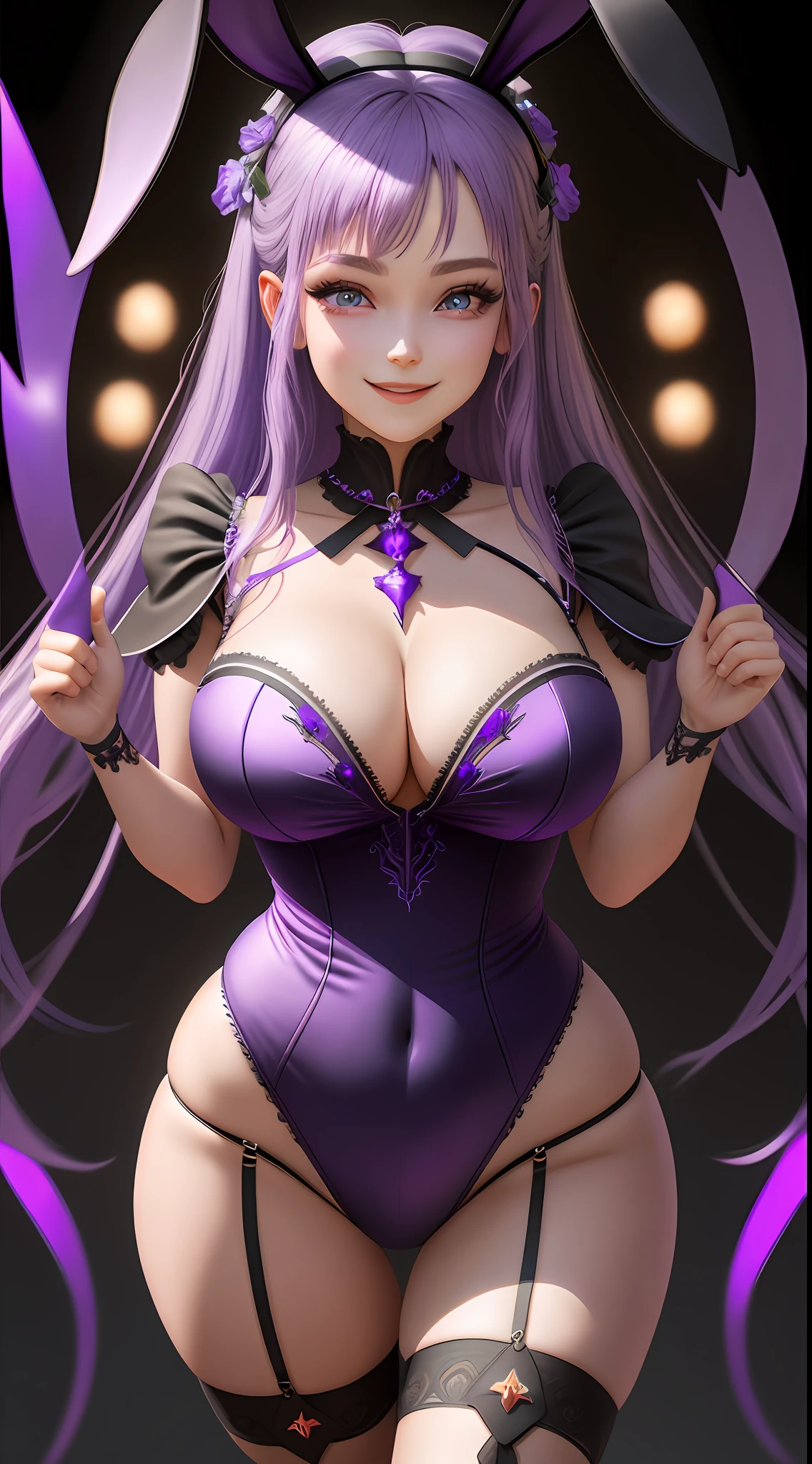 A purple-haired necromancer smiling wildly extremely delicate and beautiful , big breat eyes, piercing gaze, ultra-detailed CG wearing rabbit ears. It reveals its stunning neckline, Best quality and high resolution with dynamic angles to capture the magical moment,nsfw:1.5, masterpiece, a realistic representation of the face, colorful, (complex details, makeup, PureErosFace_V1:0.5),(Super high anti-aliasing, virtual engine, dof, super resolution, megapixel, fkaa, txaa, rtx, ssao, post-processing, post-production, mapping)