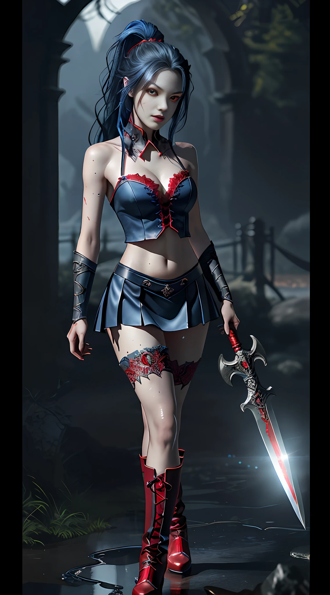 Perfect waist cut, Large breasts, Warrior girl with a small short sword on hand, Skimpy organza clothes ,dark blue hair with red highlights, (perfect nose), Seductive gaze, dark blue boots on high heels with red highlights, (Best Illustration), 8k Resolution, Intricate Details, Best Quality, Realistic, Ultra Detailed, Best Lighting, Best Shadows, Ultra HD, A Necromancer style, Night, Magic, Dark Style, Vampire, (shining red eyes:1.6), masterpiece, high_res, Beautiful face, tyndall effect, photo realistic, (high detailed skin:1.2), 8k uhd, dslr, high quality, Photograph, high resolution, 4k, 8k, Bokeh, absurdres, ponytail contorted, best ratio four finger and one thumb, front view, dark blue hair gorgeous, perfect proportional skinny fitness body, full body view, wet skin, wet clothes, dark cathedral baground scenery, huge bobs, belly muscle, long fit perfect legs, fishnet dark red Stockings,