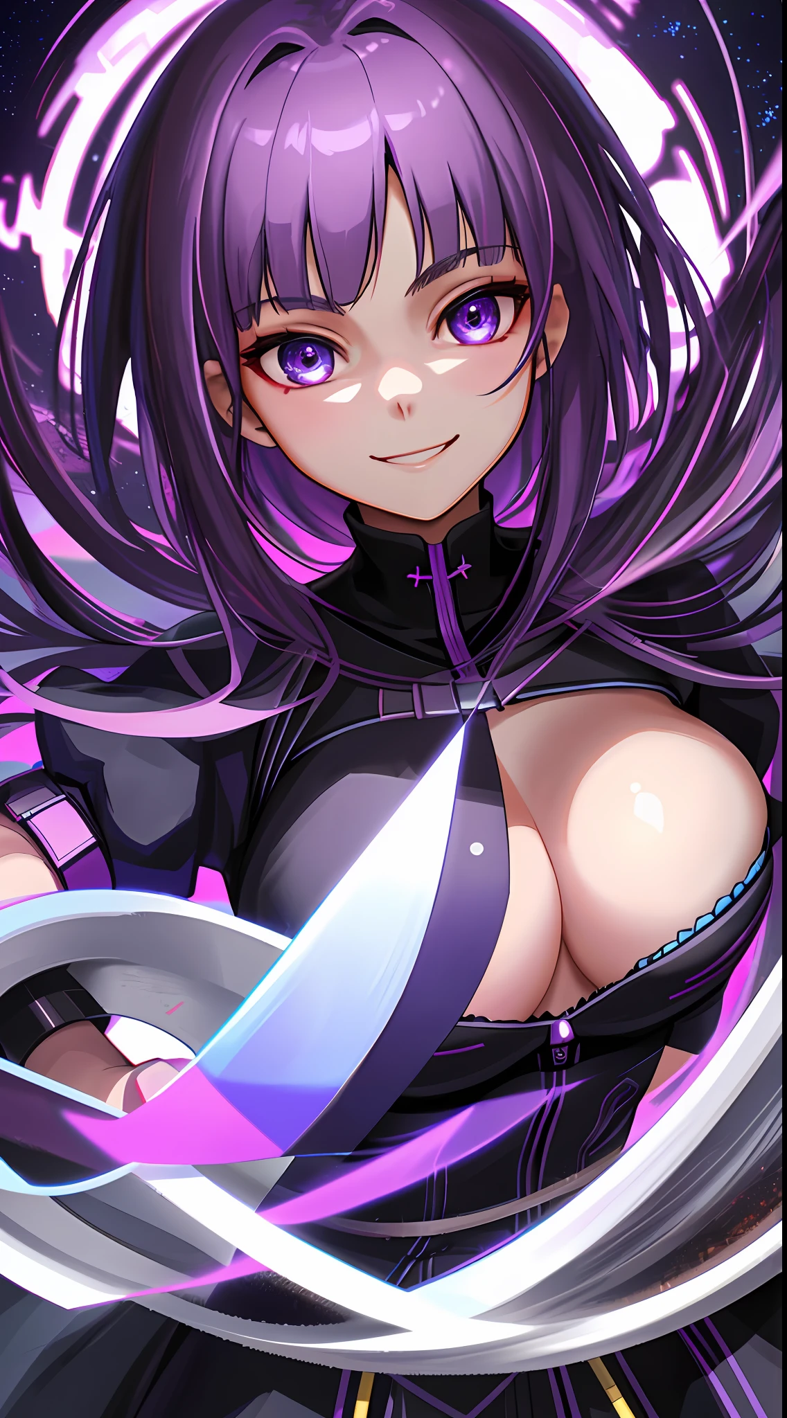 A necromancer, purple-haired teenager smiling madly extremely delicate and beautiful,big breasts, perfect eyes, piercing look, ultra-detailed CG,perfect body,Best quality and high resolution with dynamic angles to capture the magical moment,nsfw:1.5, masterpiece, a realistic representation of the face,(complex details, makeup, PureErosFace_V1:0.5),(Super high anti-aliasing, virtual engine, dof, super resolution,  megapixel, fkaa, txaa, rtx, ssao, post-processing, post-production, mapping)