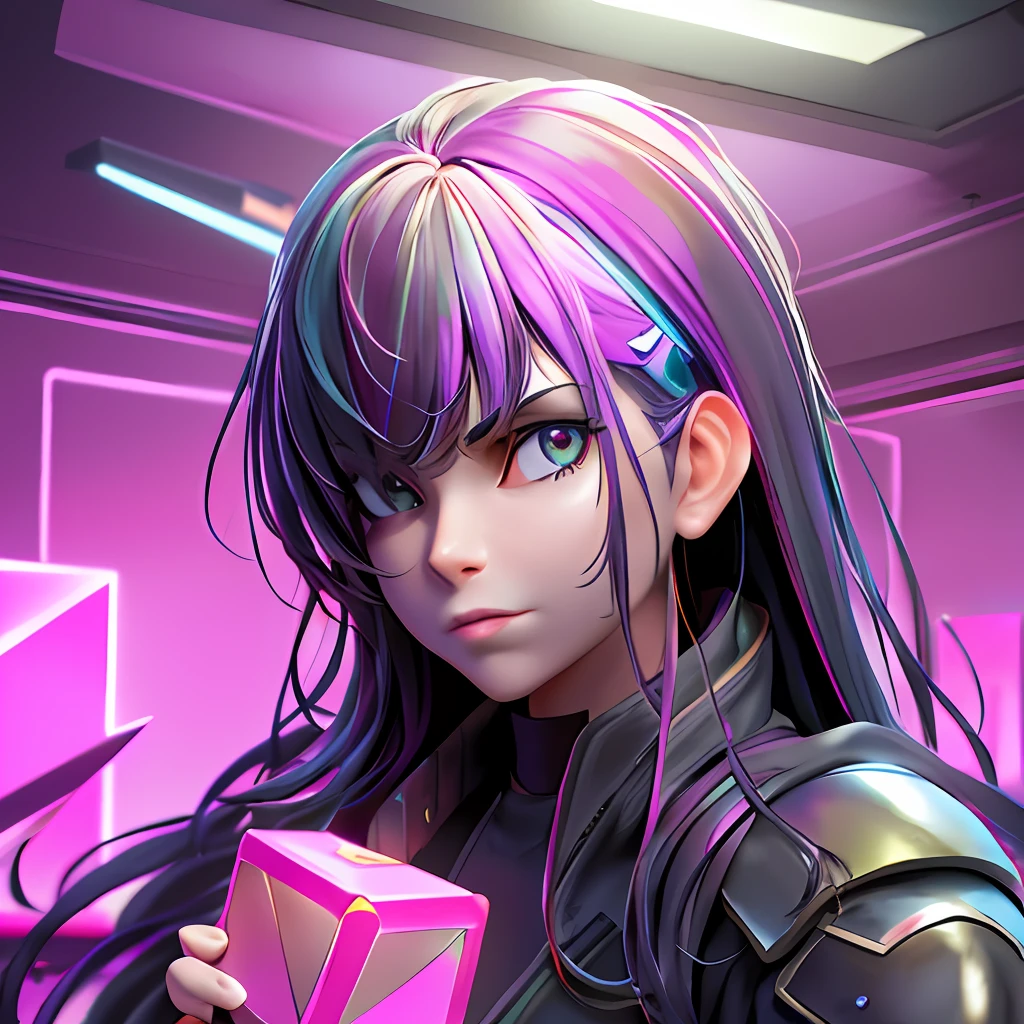 Solid image of Alex in a realistic style, cube game space, cyberpunk mood, first-person camera, dark lighting, hard and uneven papers, realistic weapons, embossed armor.