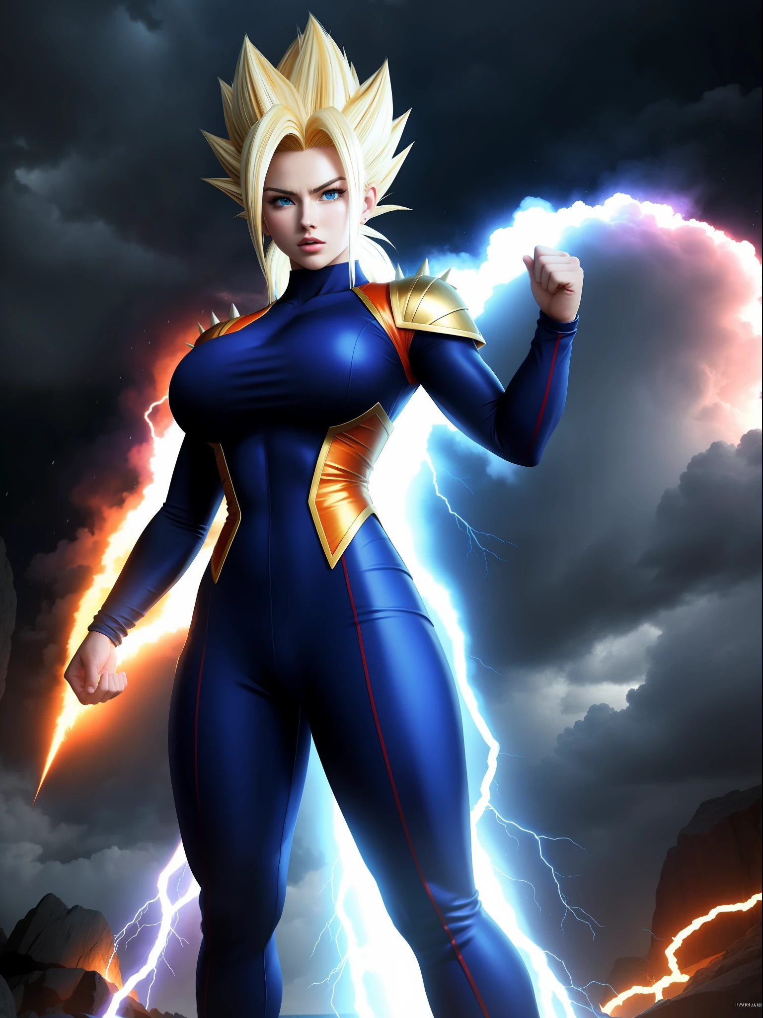 full body photo, Super Saiyan 2, Vegeta/Goku/Gohan cosplay woman, giant breasts, very tight clothes on the body, long spiky hair Blue, blue eyes, body covered in blue aura with strong emanation, in a fighting position, precise movement, fists up, facing the viewer, looking, hand closed, in the sky at night raining heavily with heavy clouds and strong thunder, vibrant colors, Ultra Instinct, anger vein, determined, evil, Masterpiece, high quality, 16k, UHD, anatomically correct, award winning, high details, masterpiece