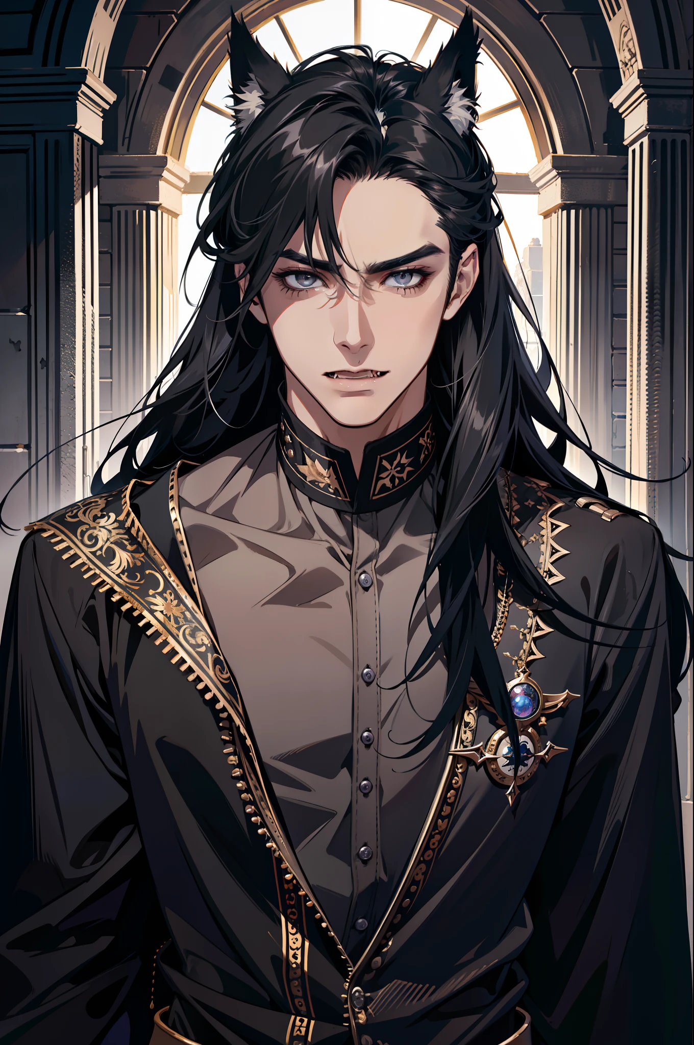 (absurdres, highres, ultra detailed), 1 male, adult, handsome, tall muscular guy, broad shoulders, finely detailed eyes and detailed face, black very long hair, gray eyes, handsome, fantasy, gothic, wolf ears, wolf tail, Sunlight, Fantastic light and shadow, Scenery, portrait, vampire fangs, open mouth, sexy, attractive, full body, tongle, no clothes, no shirt,, Dog Collar, bangs, cute face