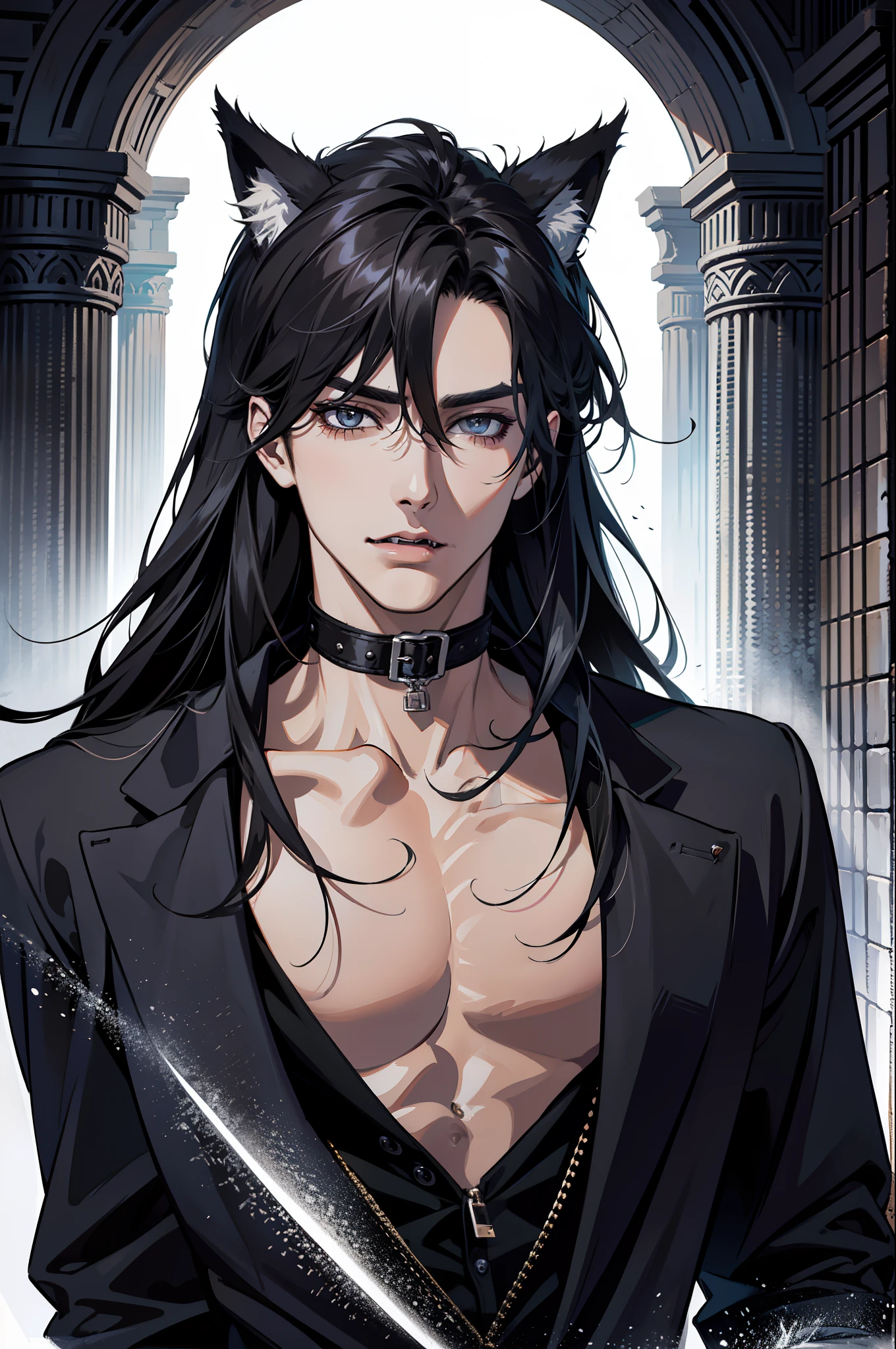 (absurdres, highres, ultra detailed), 1 male, adult, handsome, tall muscular guy, broad shoulders, finely detailed eyes and detailed face, black very long hair, gray eyes, handsome, fantasy, gothic, wolf ears, wolf tail, Sunlight, Fantastic light and shadow, Scenery, portrait, vampire fangs, open mouth, sexy, attractive, full body, tongle, no clothes, no shirt,, Dog Collar, bangs, cute face