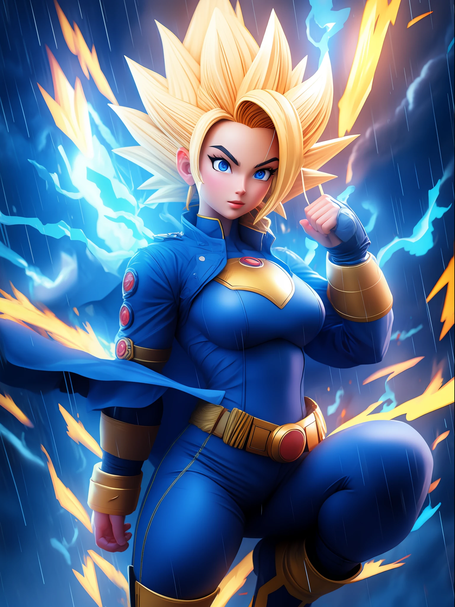 full body photo, Super Saiyan 2, Woman like Vegeta, giant breasts, very tight clothes on the body, long spiky hair Blue, blue eyes, body covered in blue aura with strong emanation, in a fighting position, precise movement, fists up, facing the viewer, looking, hand closed, in the sky at night raining heavily with heavy clouds and strong thunder, vibrant colors, Ultra Instinct, anger vein, determined, evil, Masterpiece, high quality, 16k, UHD, anatomically correct, award winning, high details, masterpiece