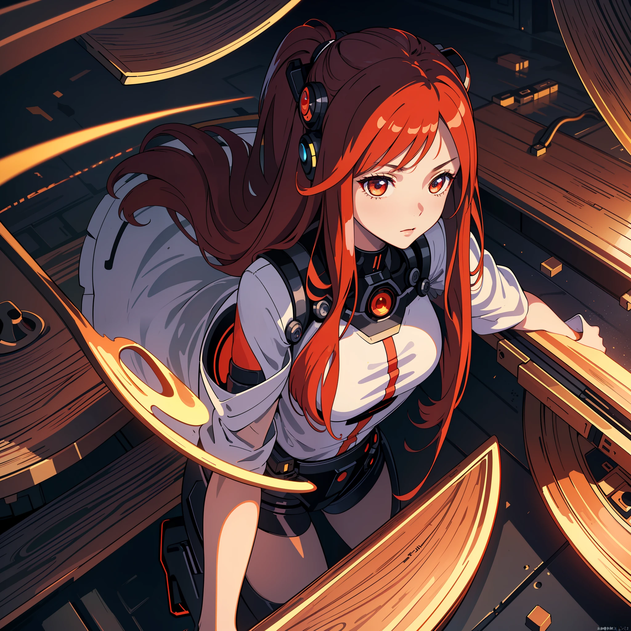 (masterpiece:1.2, best quality), (extremely detailed CG unity 8k wallpaper, best shadow), ultra-detailed, (finely detailed beautiful eyes: 1.2), (1 girl), ((cyborg, high-tech)), (long crimson hair:1.2), anime, Futurism, masterpiece, best quality, high details, 4K