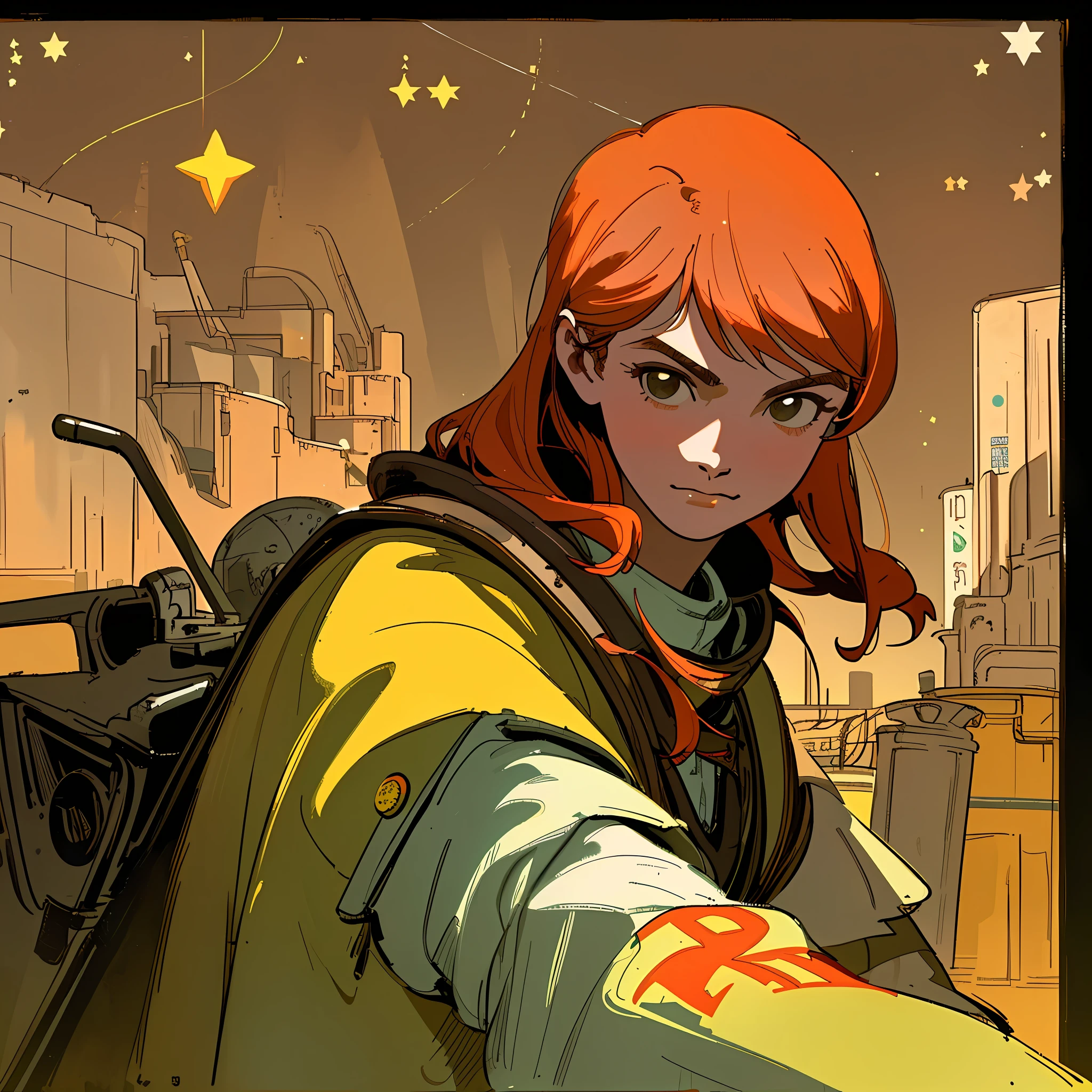 (masterpiece), (best quality), (best detail), (distant general point of view), (main color of the illustration: pastel red), (secondary color: pastel yellow), advertising poster of a very beautiful model and Soviet-style letters(very detailed face) with cheerful posture(very detailed fingers),western futuristic scenario of a dirty and old alley, at night (sky with many stars), clean, busy environment, shading (detailed, lots of contrast), very saturated pulp colors