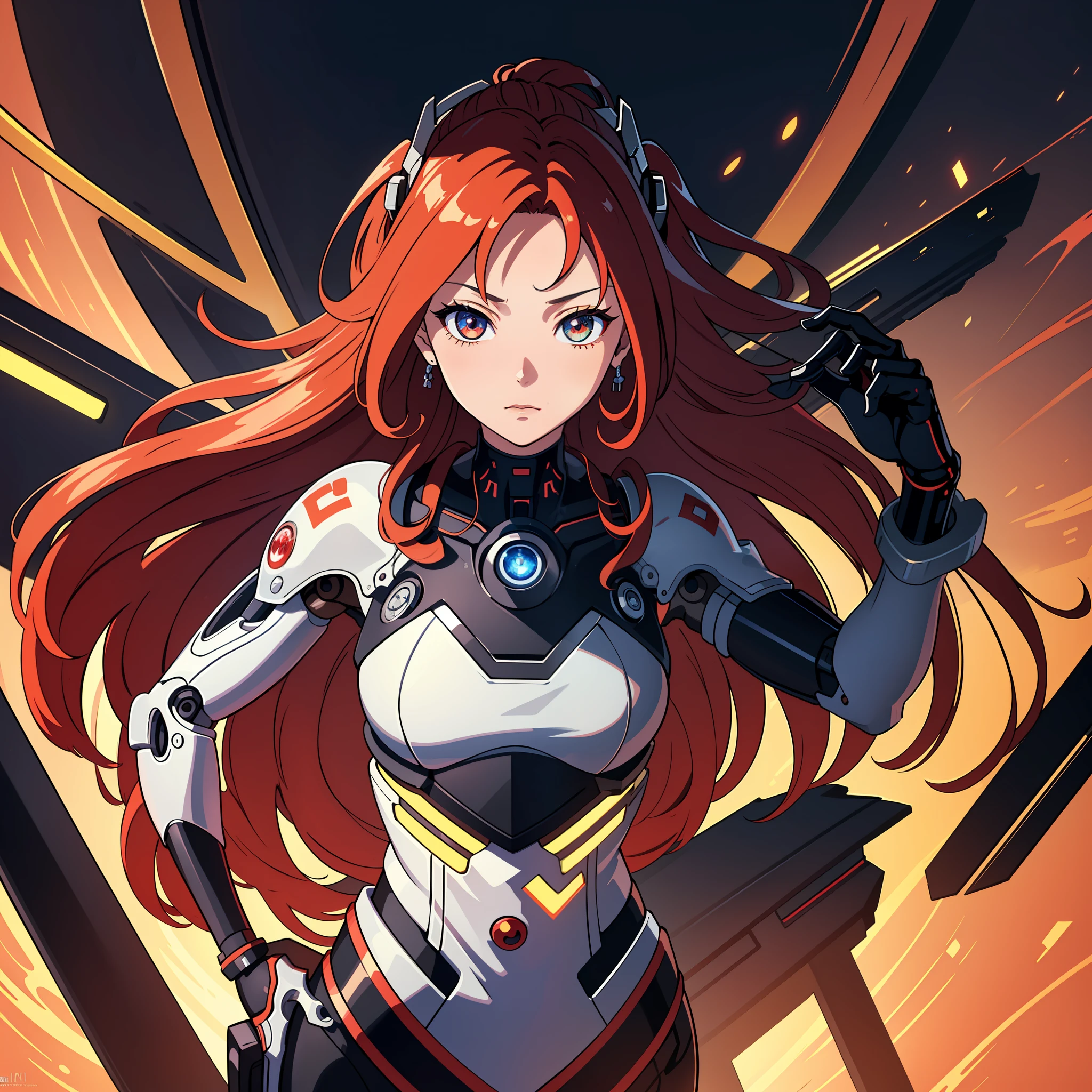 (masterpiece:1.2, best quality), (extremely detailed CG unity 8k wallpaper, best shadow), ultra-detailed, (finely detailed beautiful eyes: 1.2), (1 girl), ((cyborg, high-tech)), (long crimson hair:1.2), anime, Futurism, masterpiece, best quality, high details, 4K