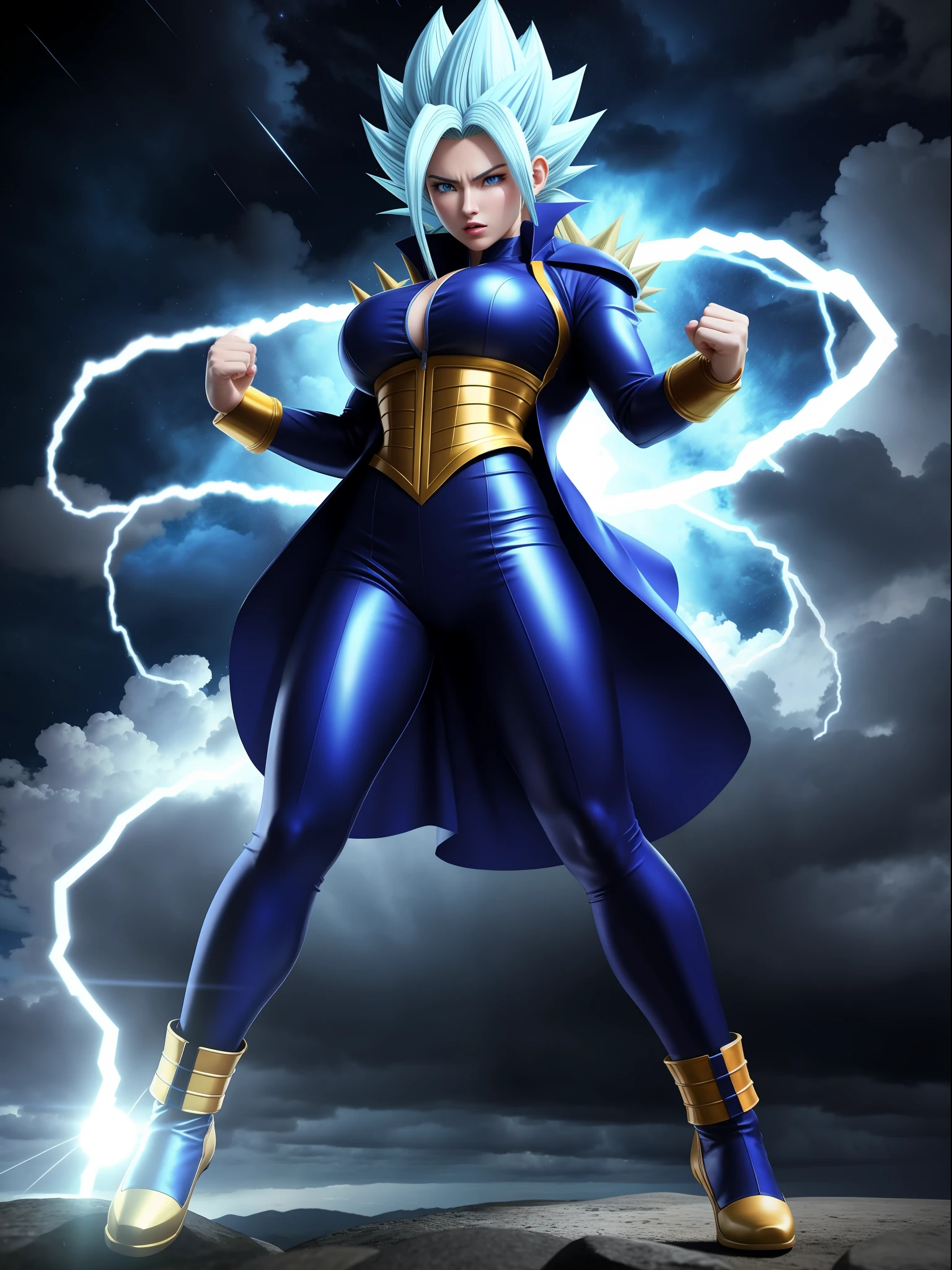 full body photo, Super Saiyan 2, Woman with Vegeta's costume, giant breasts, very tight clothes on the body, long spiky hair Blue, blue eyes, body covered in blue aura with strong emanation, in a fighting position, precise movement, fists up, facing the viewer, looking, hand closed, in the sky at night raining heavily with heavy clouds and strong thunder, vibrant colors, Ultra Instinct, anger vein, determined, evil, Masterpiece, high quality, 16k, UHD, anatomically correct, award winning, high details, masterpiece